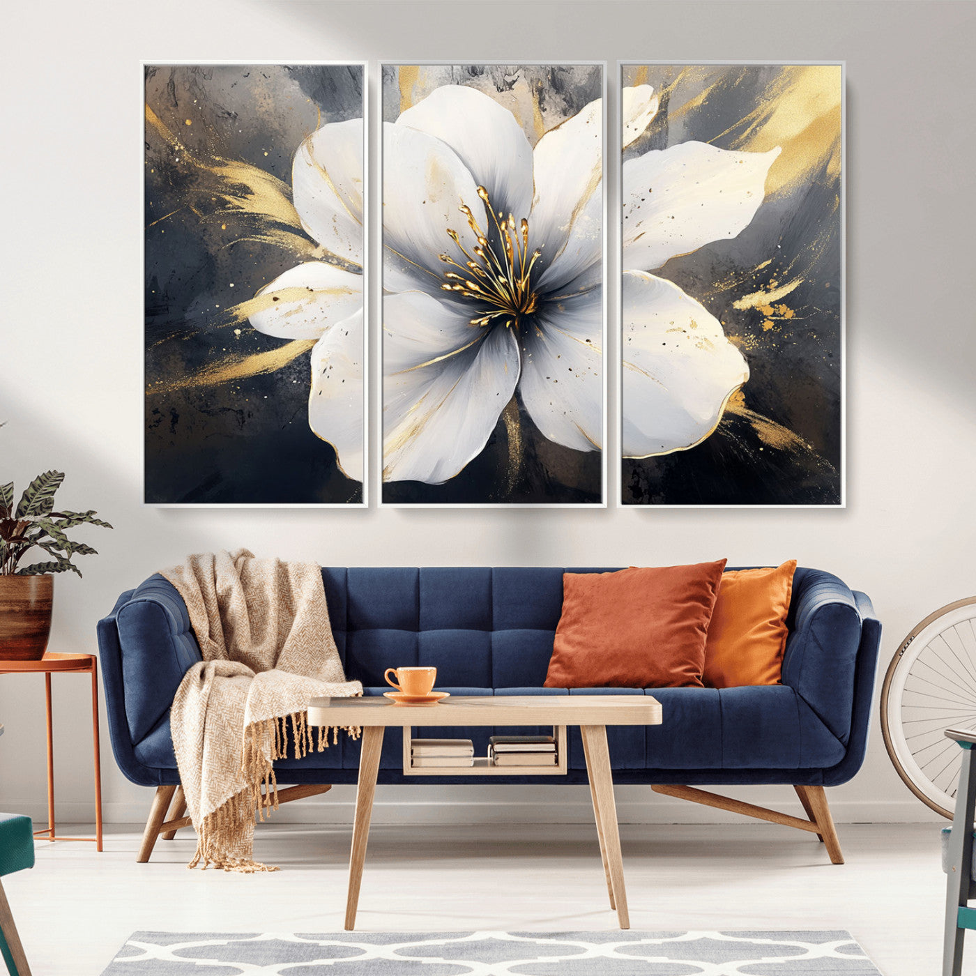 MGV-FC-48X32-3P - White Flower Wall Art Canvas Print | Ready to Hang | Abstract Floral Wall Decor | Elegant Bloom
