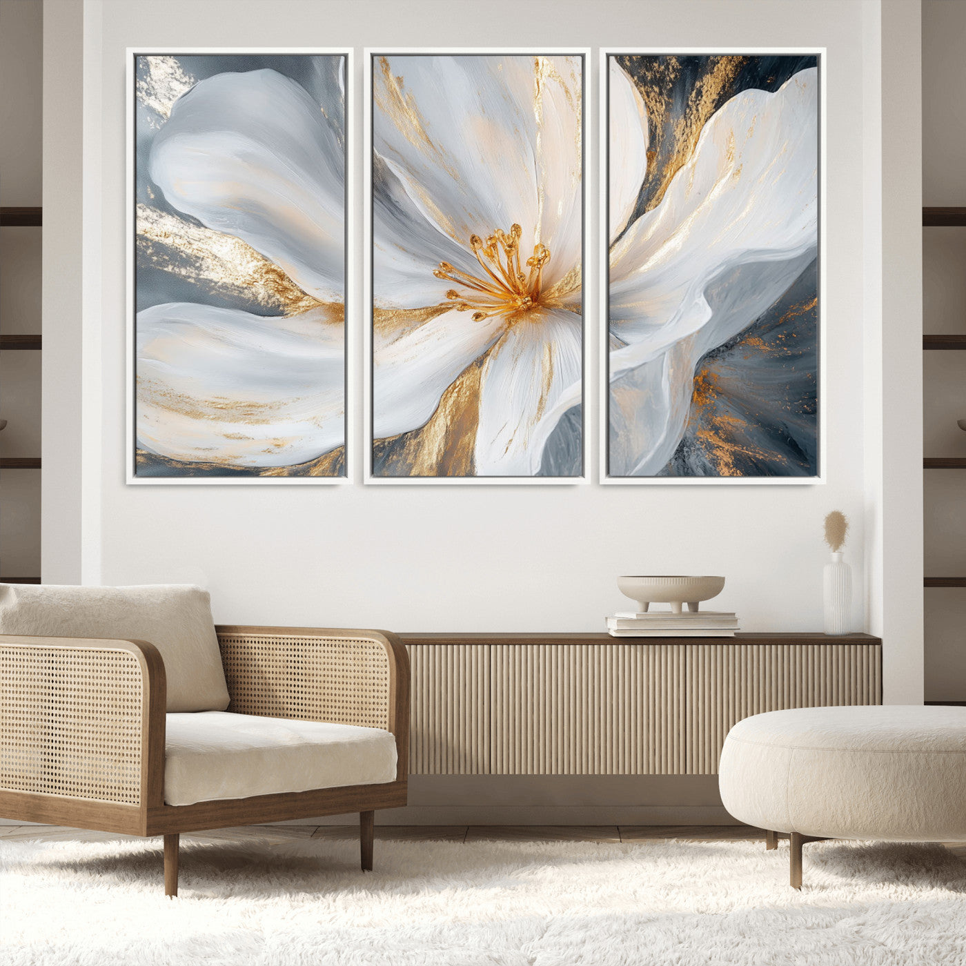 83149-MGV-FC-48X32-3P_White-White and Gold Floral Canvas Wall Art - Framed and Ready to Hang - Perfect for Modern Living Rooms