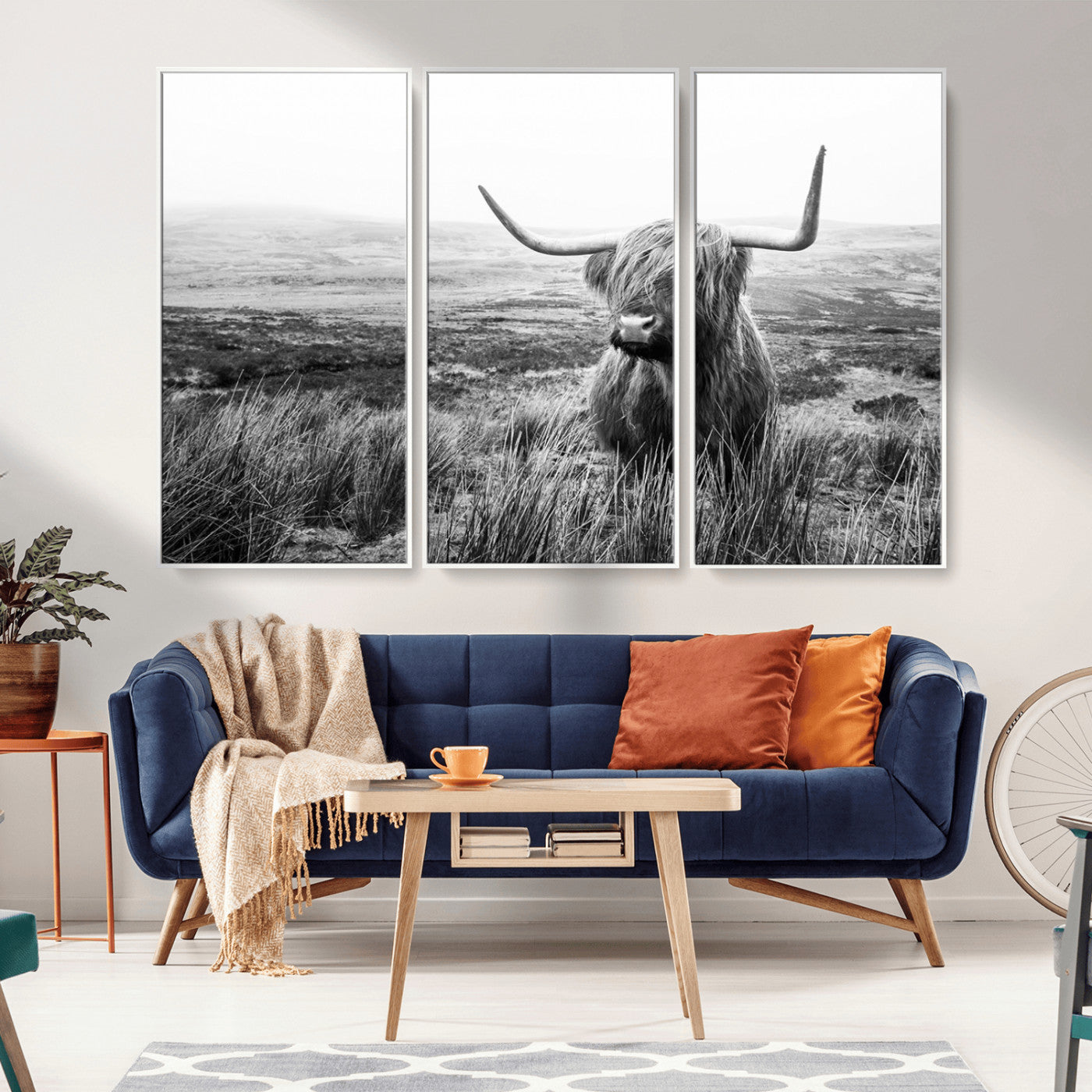 MGV-FC-48X32-3P - Scottish Highland Cow Wall Art | Black and White Canvas Print | Ready to Hang and Framed | Rustic