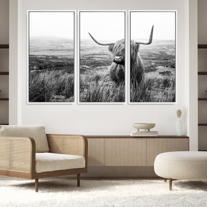 Scottish Highland Cow Wall Art | Black and White Canvas Print | Ready to Hang and Framed | Rustic Farmhouse Wall Decor for Living Room or