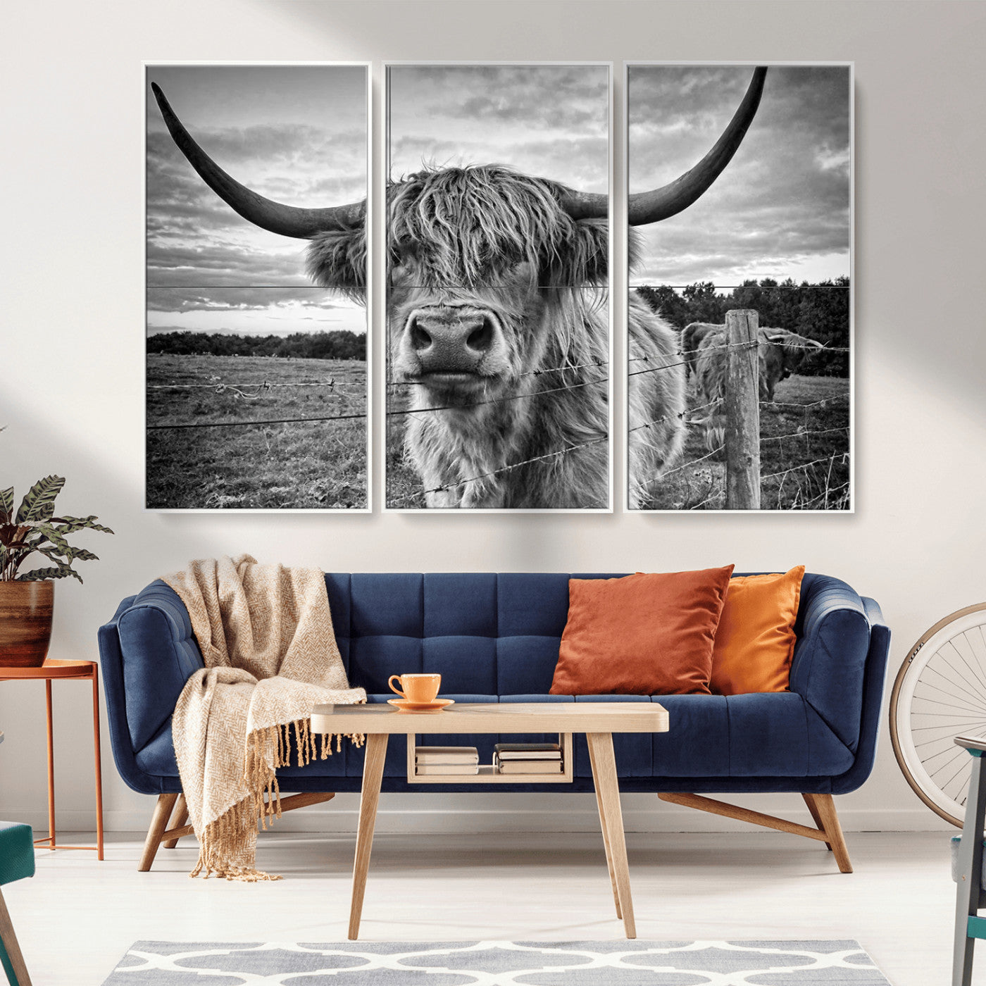 MGV-FC-48X32-3P - Scottish Highland Cow Wall Art Canvas Print | Ready to Hang and Framed | Rustic Farmhouse Decor