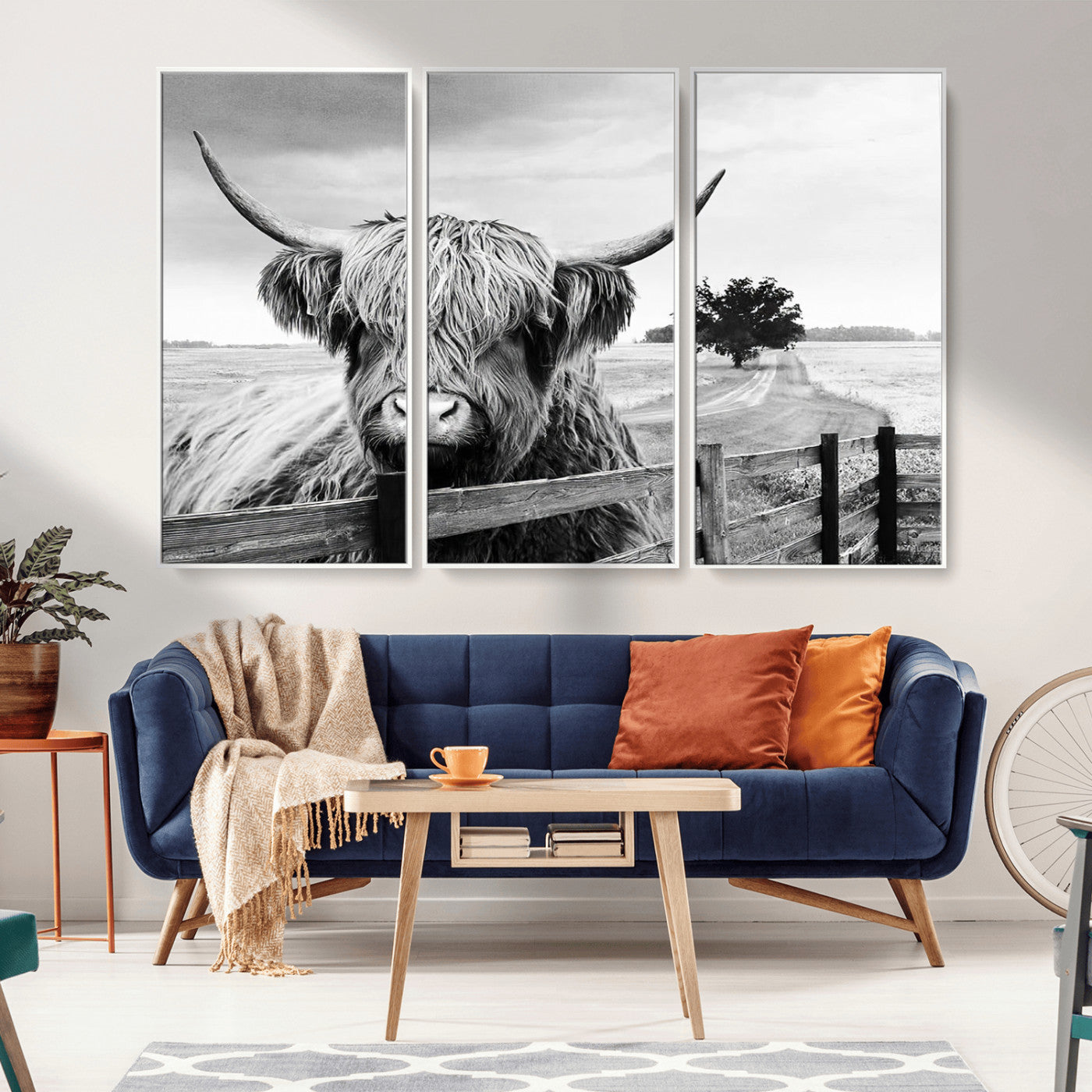 MGV-FC-48X32-3P - Scottish Highland Cow Wall Art | Rustic Farmhouse Décor | Black and White Ready to Hang Canvas Print