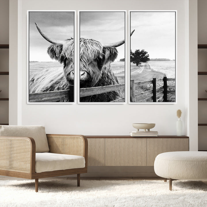 Scottish Highland Cow Wall Art | Rustic Farmhouse Décor | Black and White Ready to Hang Canvas Print