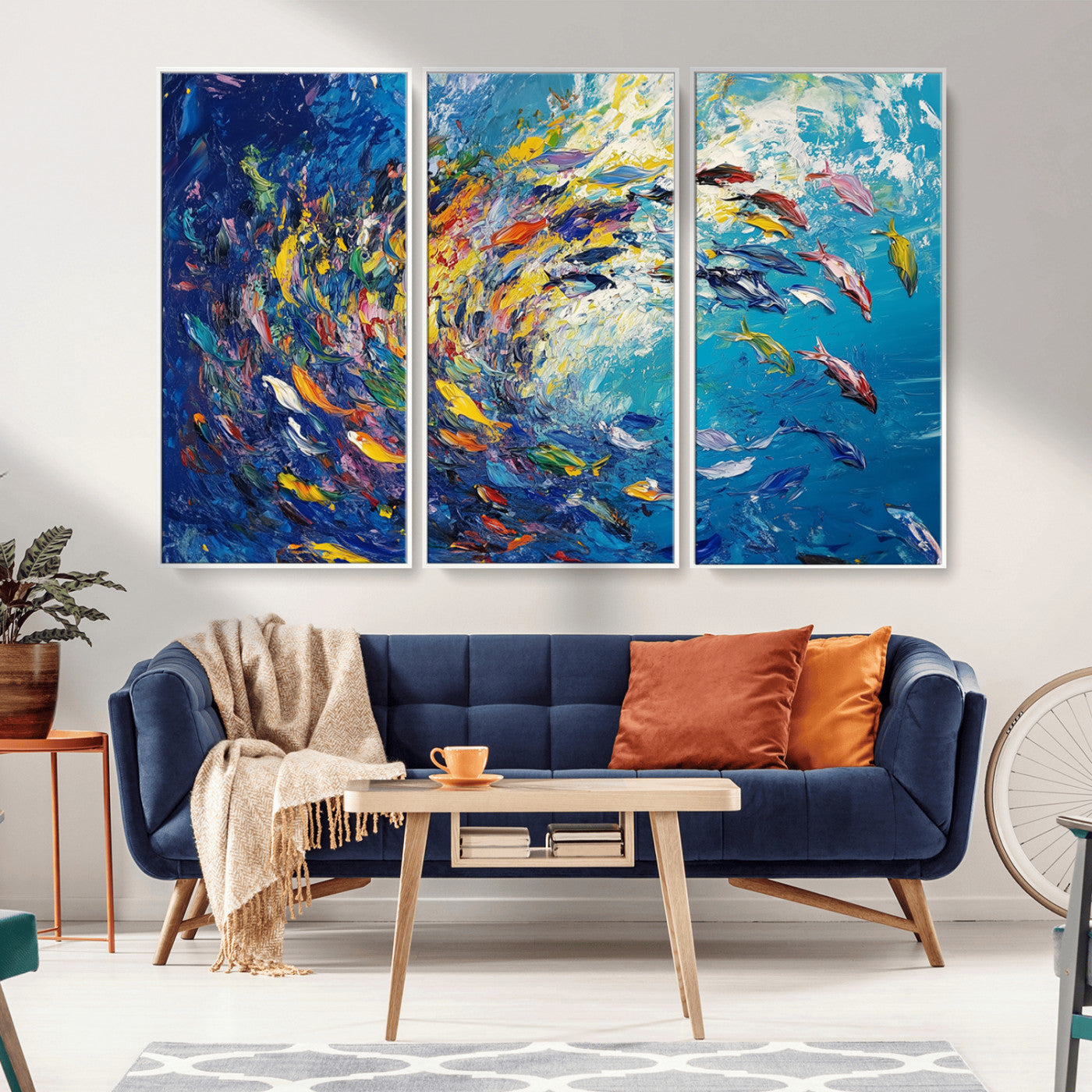 MGV-FC-48X32-3P - Colorful Swirling Fish School Wall Art Canvas Print | Oceanic Abstract Painting | Ready to Hang |