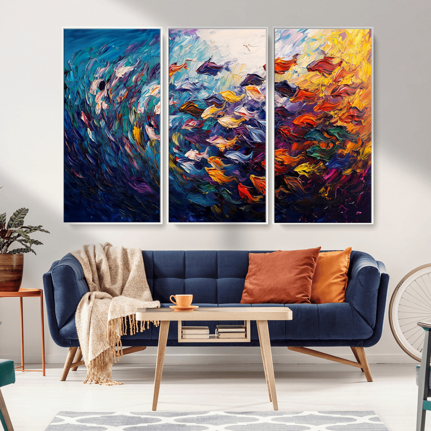 MGV-FC-48X32-3P - Vibrant Abstract Fish Swarm Art – Colorful Fish Inspired 3-Piece Canvas Wall Art for Living Room or