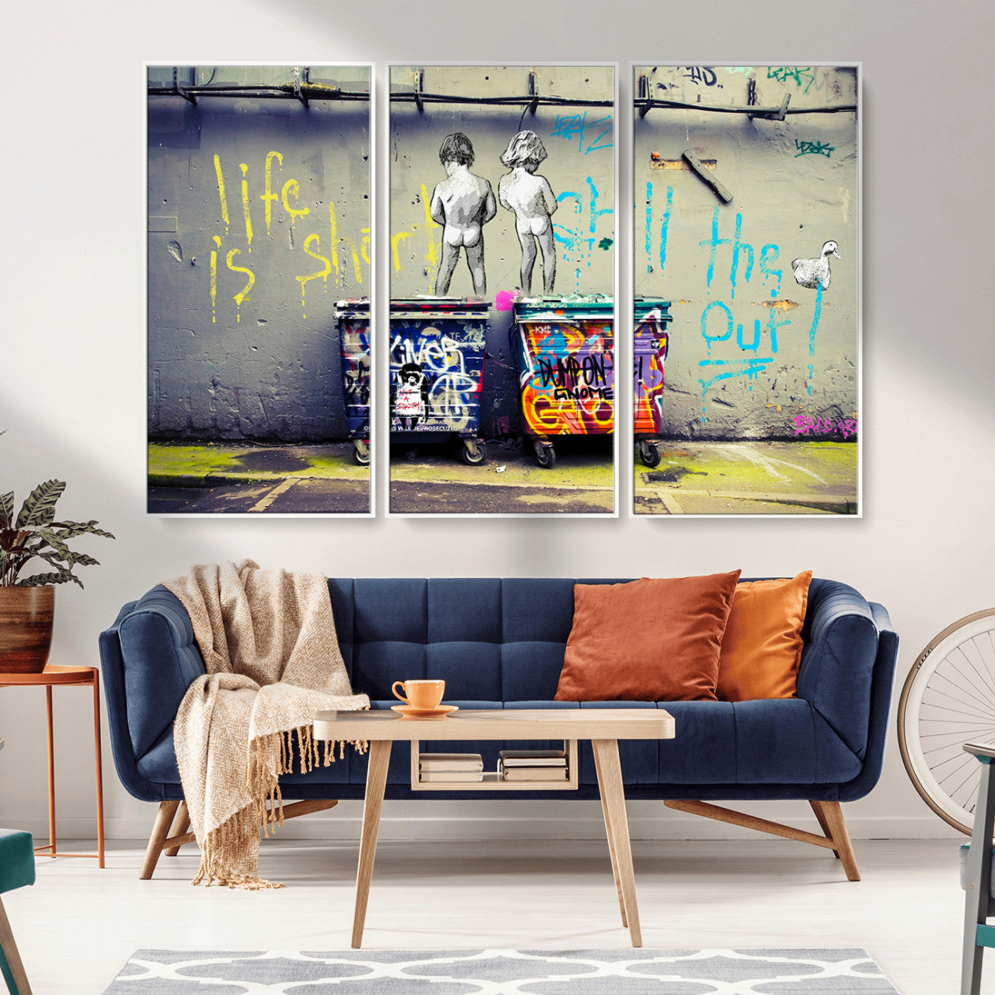 MGV-FC-48X32-3P - Banksy Life is Short Wall Art - Iconic Graffiti Art on Framed Ready-to-Hang Canvas - Street Art