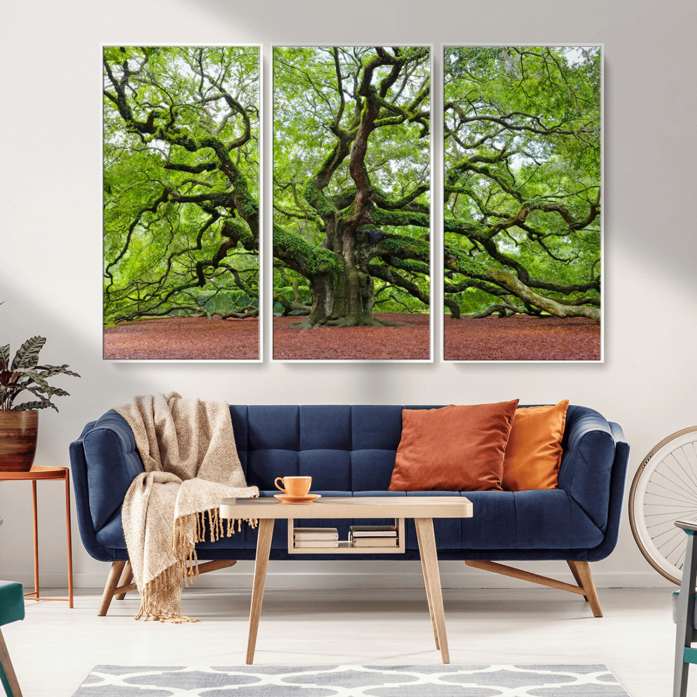 MGV-FC-48X32-3P - Framed Angel Oak Tree Wall Art - 3-Panel Canvas Prints, Large Green Nature Artwork, Ready to Hang