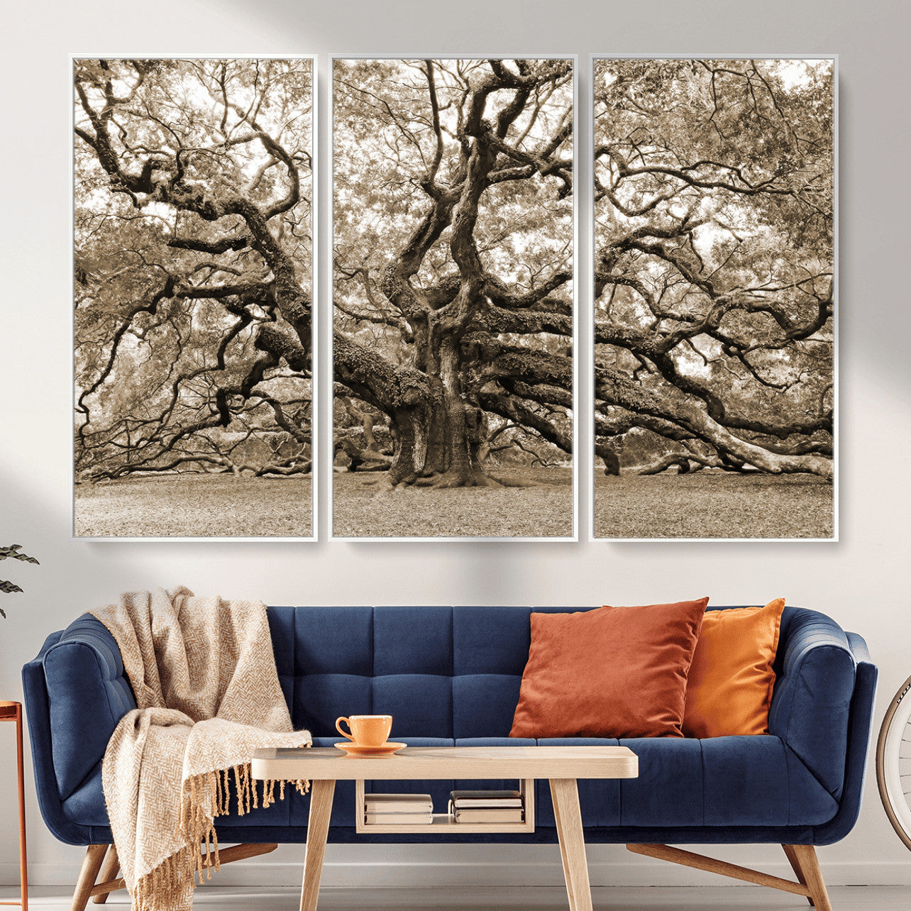 51126-MGV-CV-36X24 - Sepia Framed Angel Oak Tree Wall Art - 3-Panel Canvas Prints, Large Green Nature Artwork, Ready to