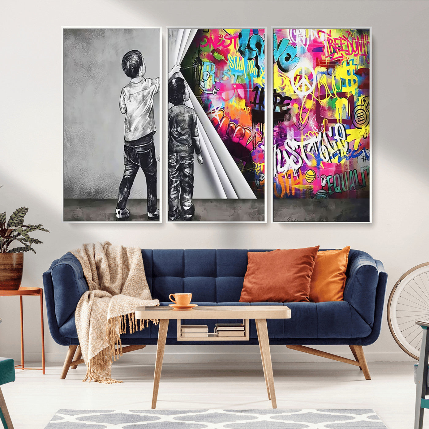 MGV-FC-48X32-3P - Banksy Print - Street Art Canvas Wall Art - Kids Revealing Graffiti, Urban Modern Decor for Living