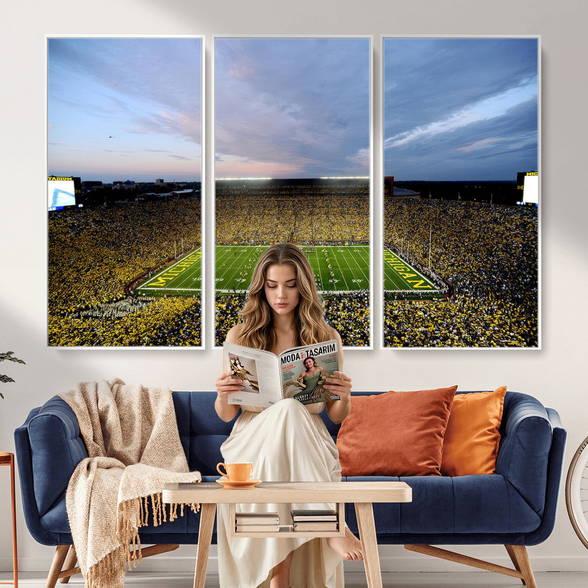 82641-MGV-CV-36X24 - Michigan Stadium Wall Art Canvas Print – Framed Football Field Scene with Marching Band Artwork for Home, Office