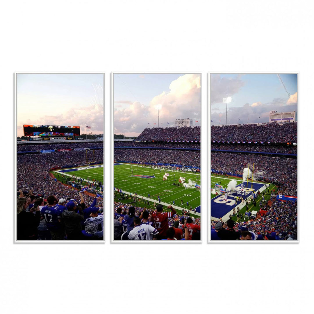 A mural of the Buffalo Bills energizes the atmosphere, capturing the excitement of a game day at Highmark Stadium, even under a cloudy sky.