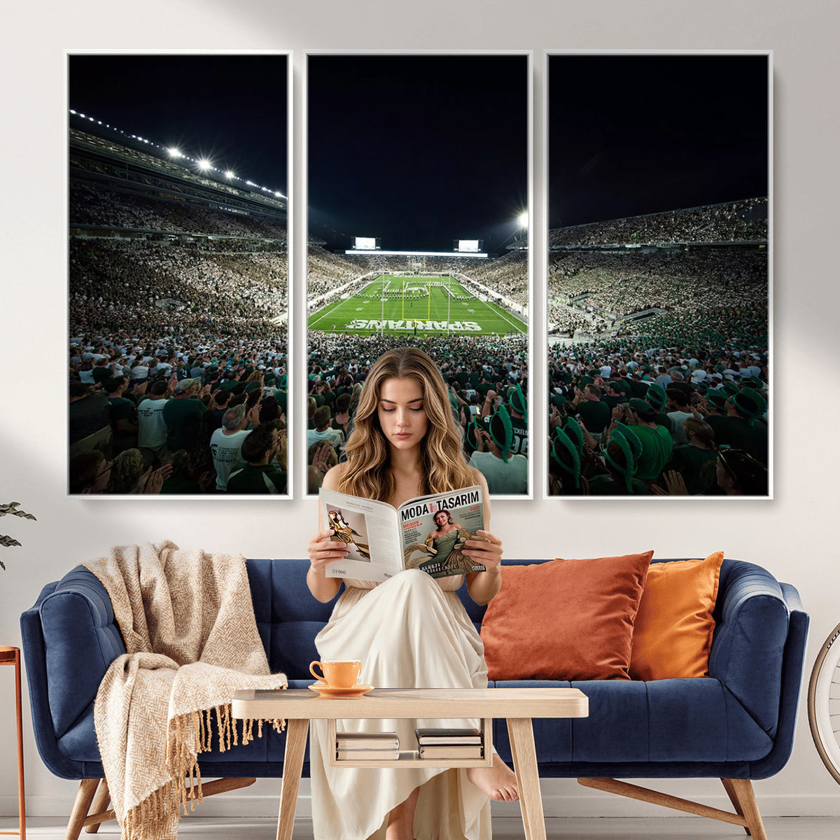 57523-PAN-FL-20X10 - Framed Michigan State Spartans Football Team Print - East Lansing Spartan Stadium Wall Art Canvas