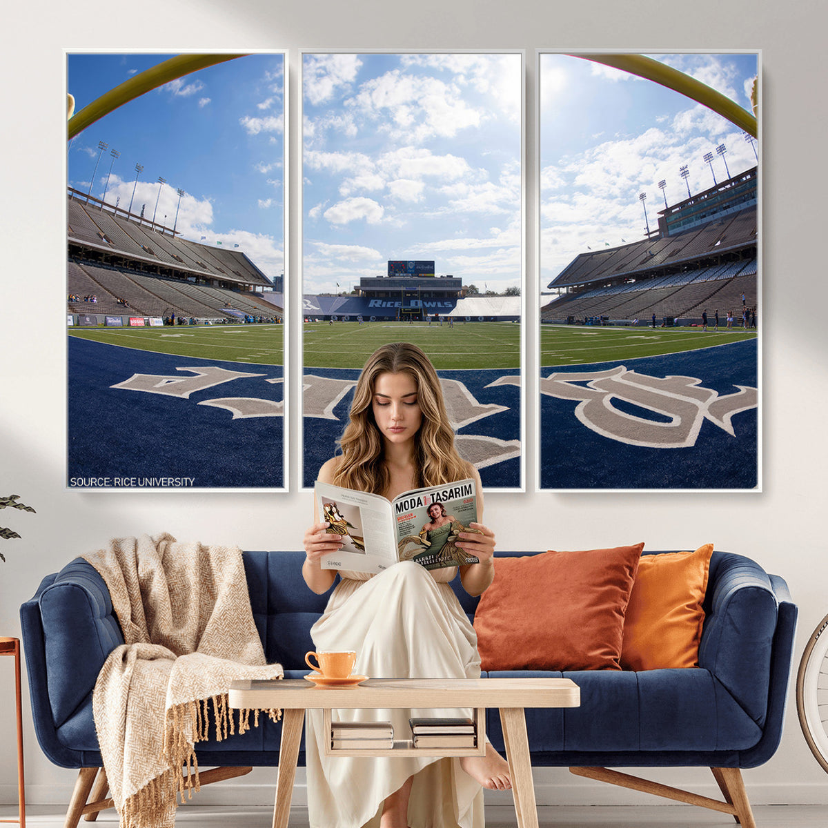50267-MGV-CV-36X24 - Rice University Owls Football Team Print, Houston Rice Stadium, Framed and Ready to Hang