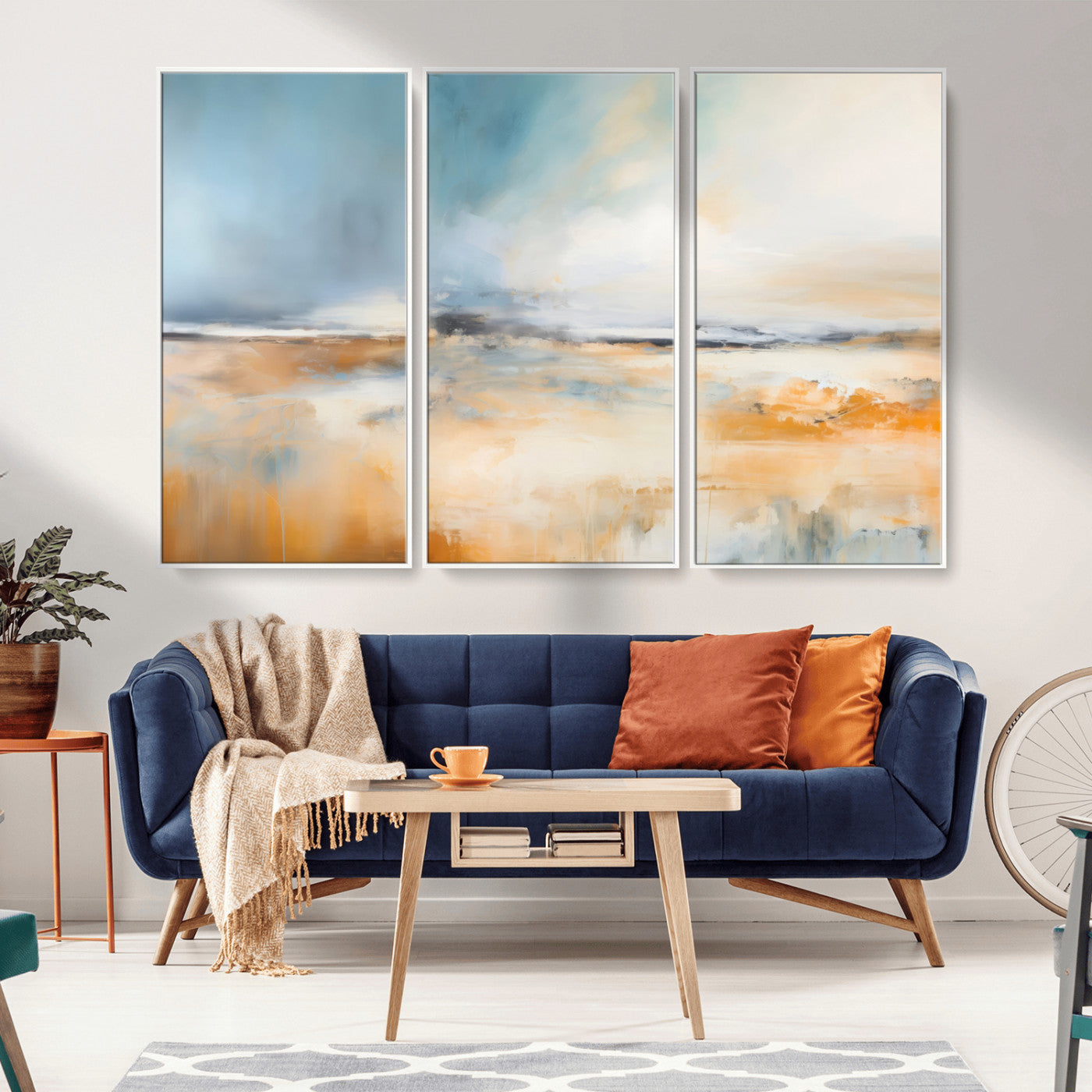 -Abstract Landscape Wall Art Canvas Print - Warm Tones of Orange and Blue, Modern Framed Art for Home