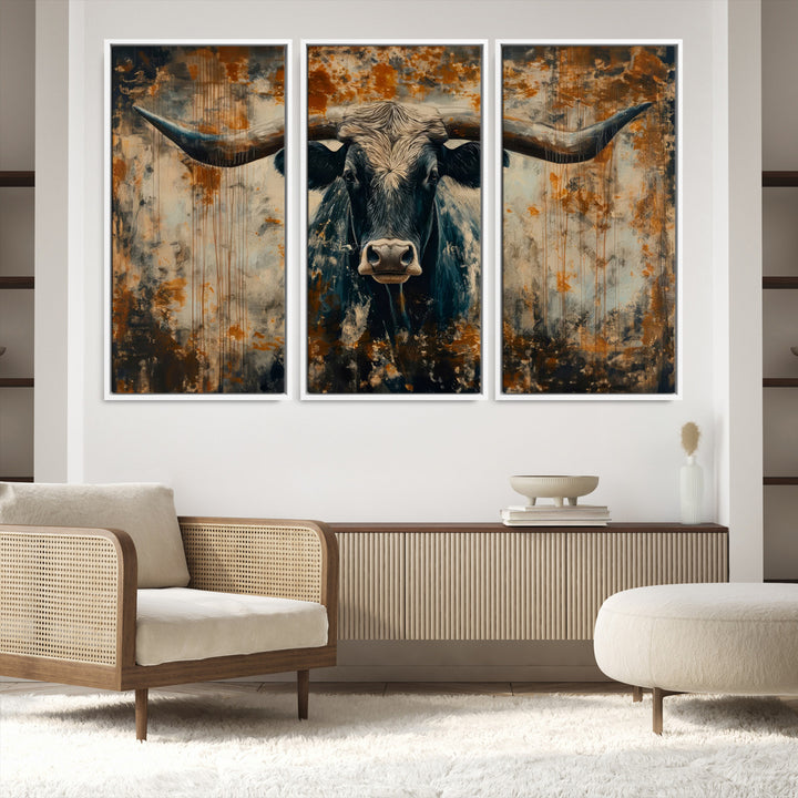 Abstract Longhorn Bull Wall Art | Rustic Western Wall Decor | Framed and Ready to Hang | Ideal for Farmhouse, Lodge, and Barn Decor