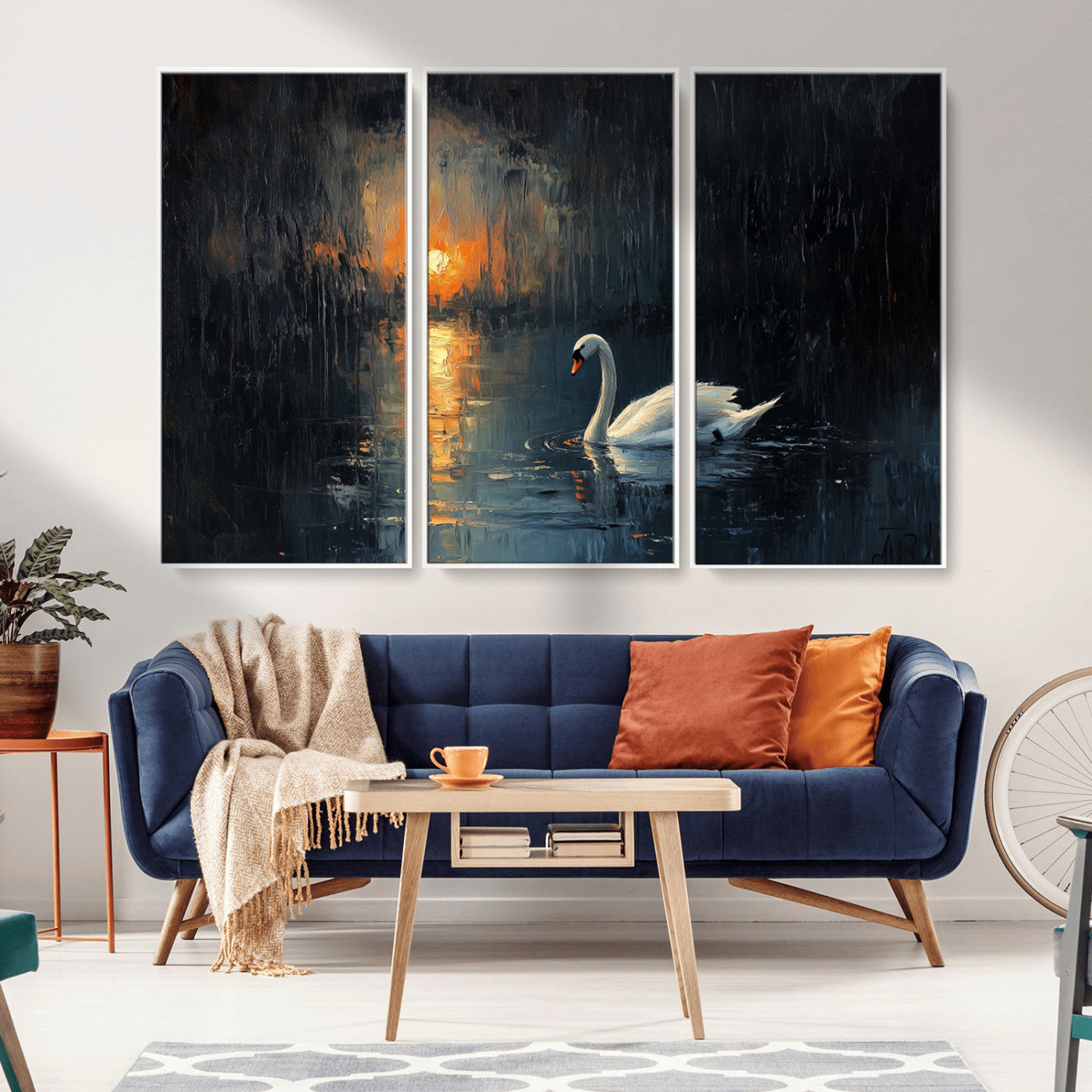 MGV-FC-48X32-3P - Abstract Swan on Water Wall Art Canvas Print - Elegant Nature Scene for Modern Home Decor