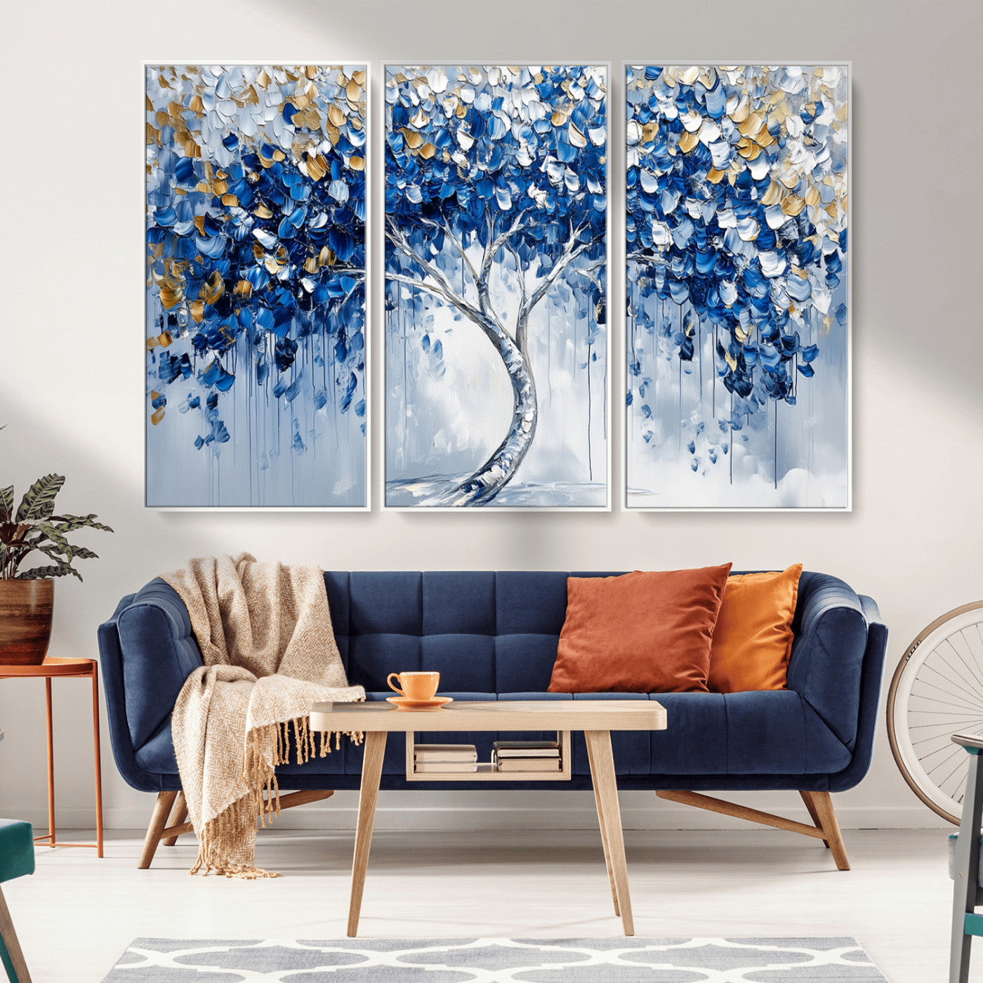 MGV-FC-48X32-3P - Blue and Gold Abstract Tree Wall Art Canvas Print | Modern Tree of Life Painting | Framed Canvas