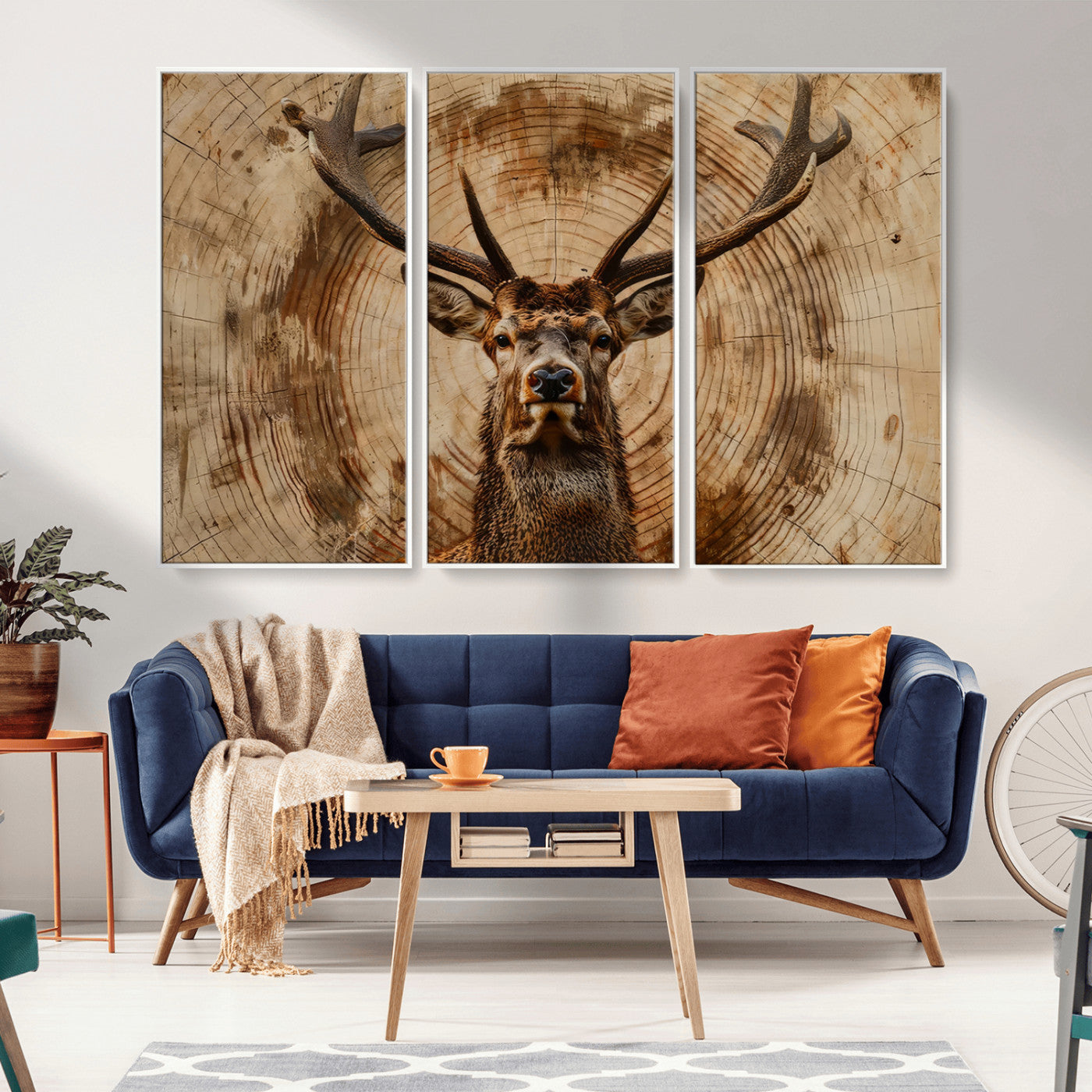 MGV-FC-48X32-3P - Wood Abstract Deer Wall Art | Rustic Wildlife Canvas Print | Ready to Hang Stag Head Triptych for