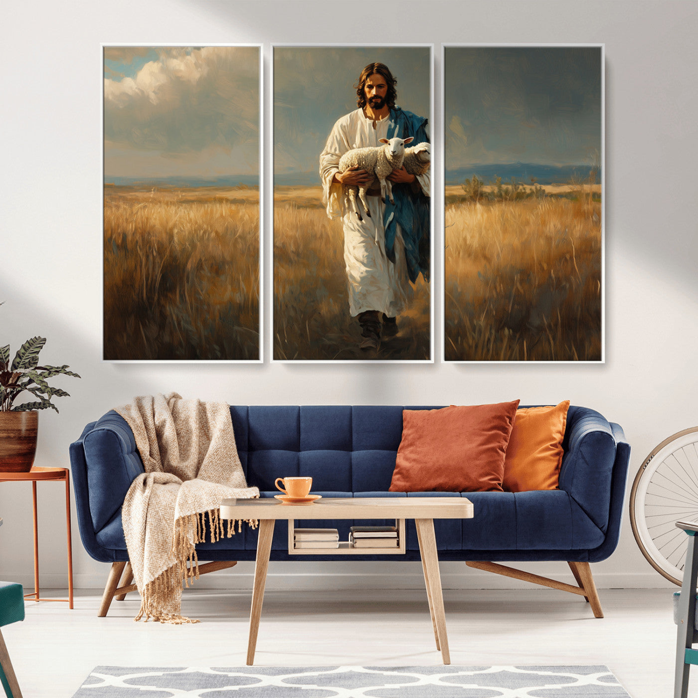 MGV-FC-48X32-3P - Jesus Shepherd Wall Art | Ready to Hang Triptych Canvas of Jesus Holding a Lamb in a Field |
