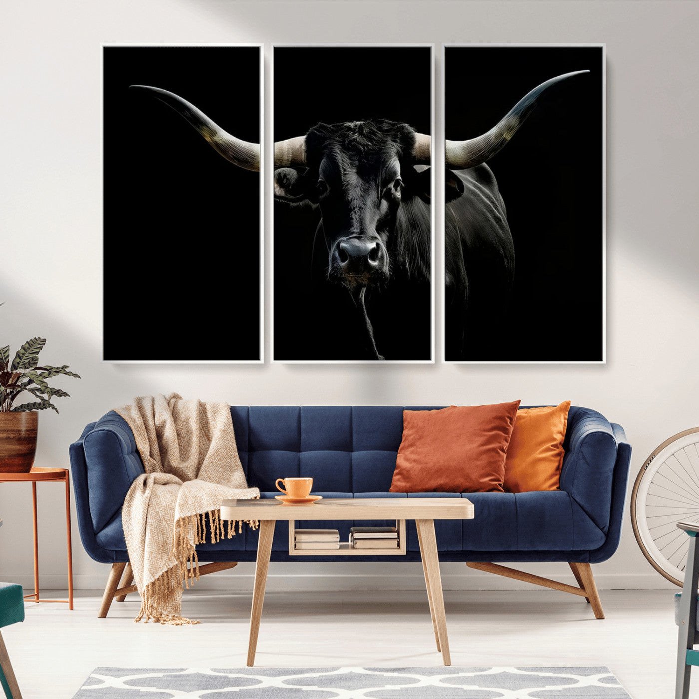 MGV-FC-48X32-3P - Texas Black Longhorn Bull Wall Art Canvas Print - Western Texas Cattle Rustic Decor Print - Longhorn