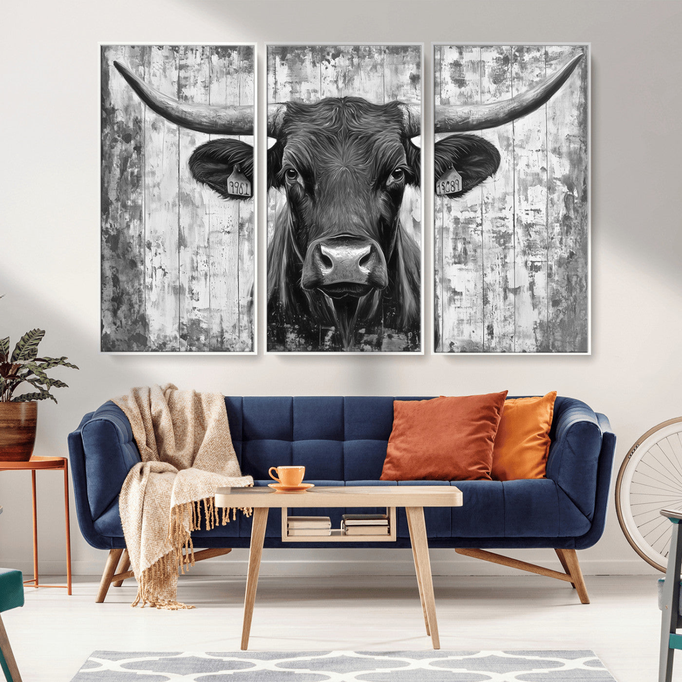 MGV-FC-48X32-3P - Abstract Longhorn Bull Wall Art Canvas Print - Rustic Texas Western Cow Artwork