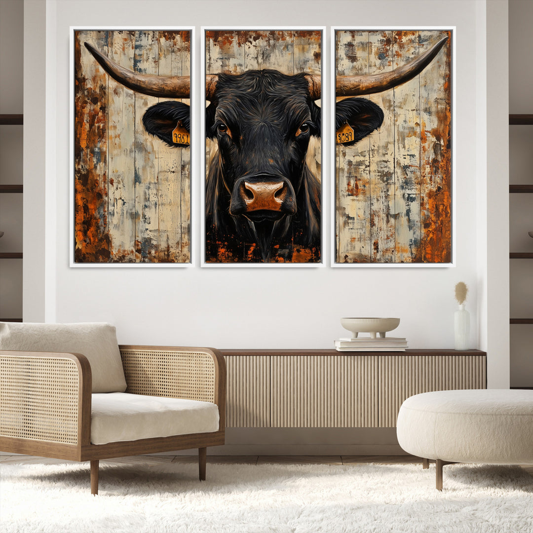 Rustic Texas Artwork Wall Art Canvas Print - Abstract Cow Longhorn Bull Wall Art Canvas Print