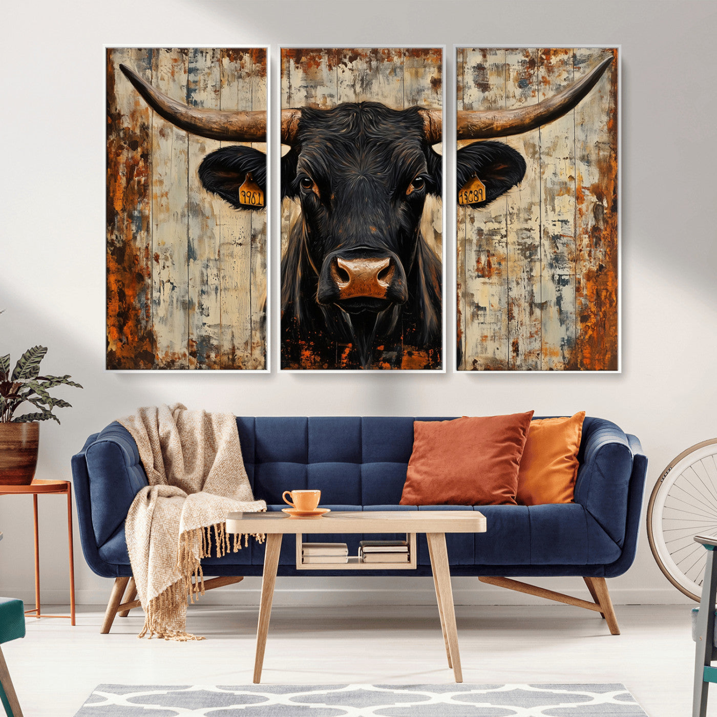 MGV-FC-48X32-3P - Rustic Texas Artwork Wall Art Canvas Print - Abstract Cow Longhorn Bull Wall Art Canvas Print
