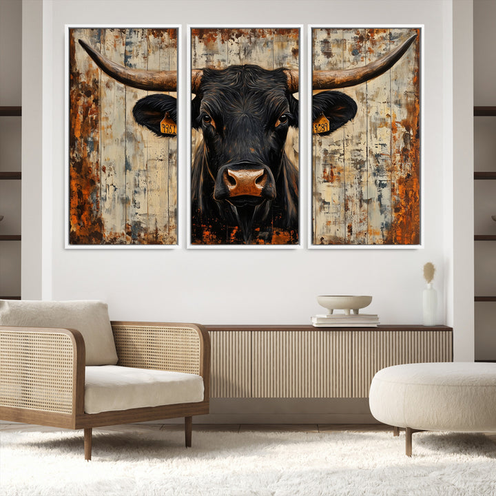Rustic Texas Artwork Wall Art Canvas Print - Abstract Cow Longhorn Bull Wall Art Canvas Print
