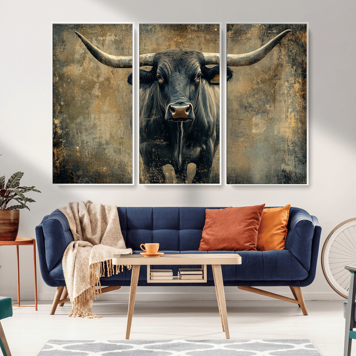 MGV-FC-48X32-3P - Longhorn Bull Wall Art Canvas Print, Framed Rustic Cow Art Picture Print, Texas Longhorn Perfect Western Decor Artwork