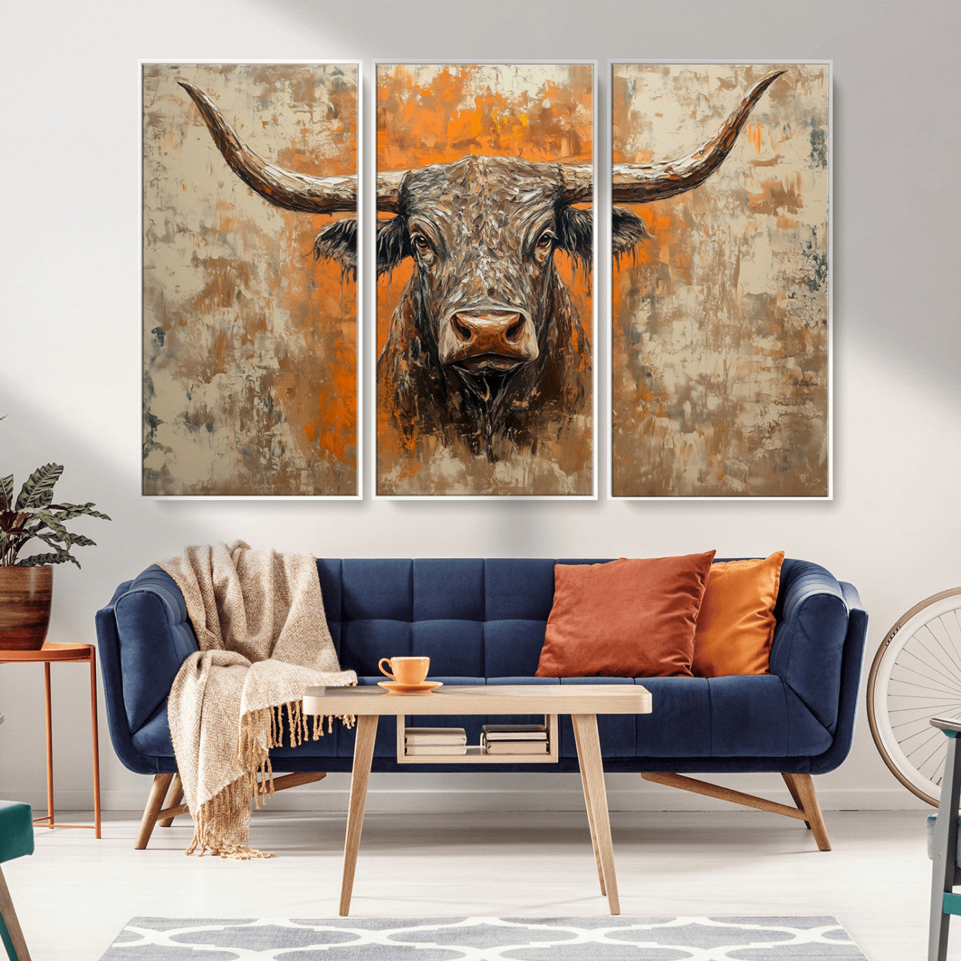 MGV-FC-48X32-3P - Abstract Cow Longhorn Bull Wall Art Canvas Print - Rustic Texas Western Cattle Artwork