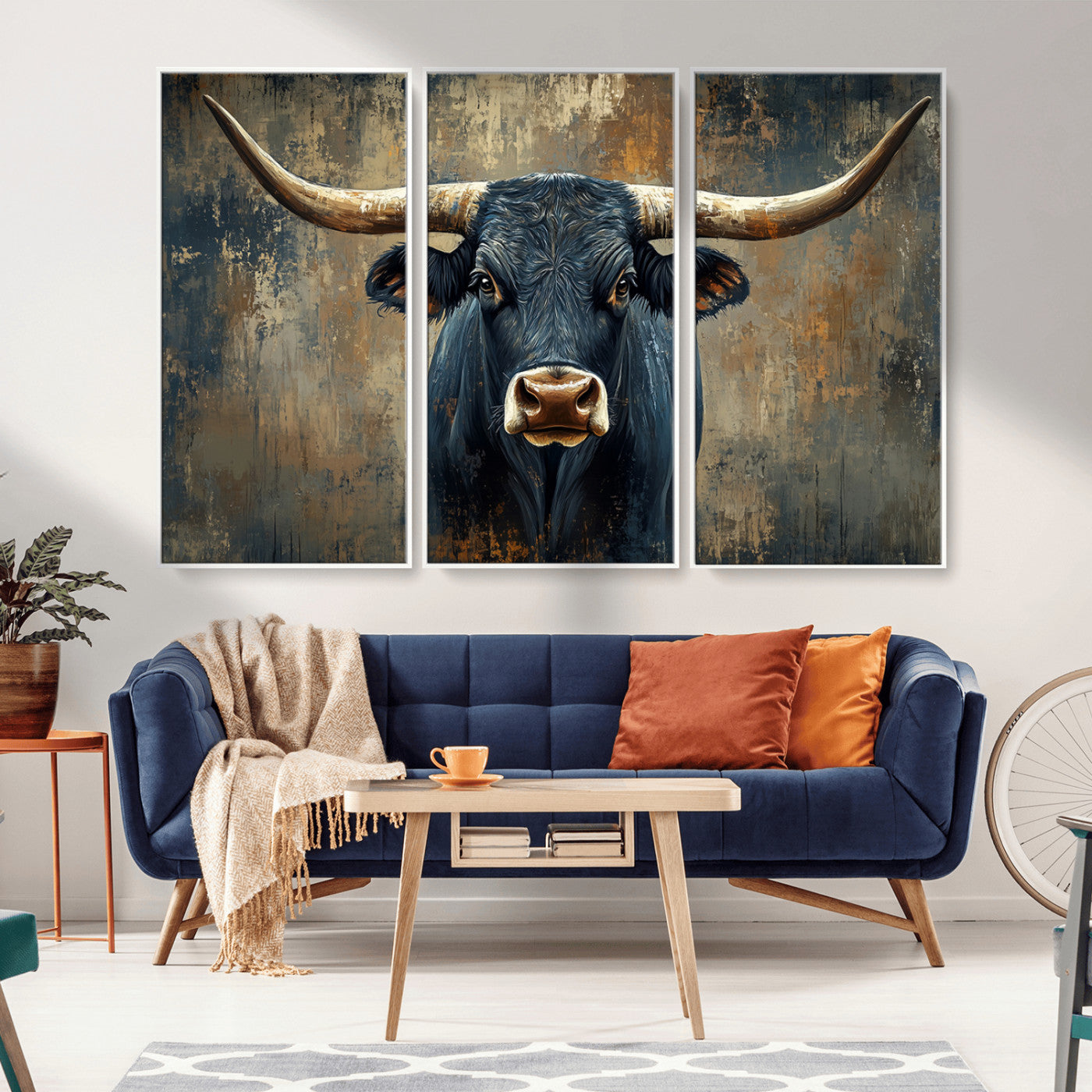 MGV-FC-48X32-3P - Texas Western Wall Art Canvas Print - Abstract Cow Longhorn Bull Wall Art Canvas Print - Rustic Cow