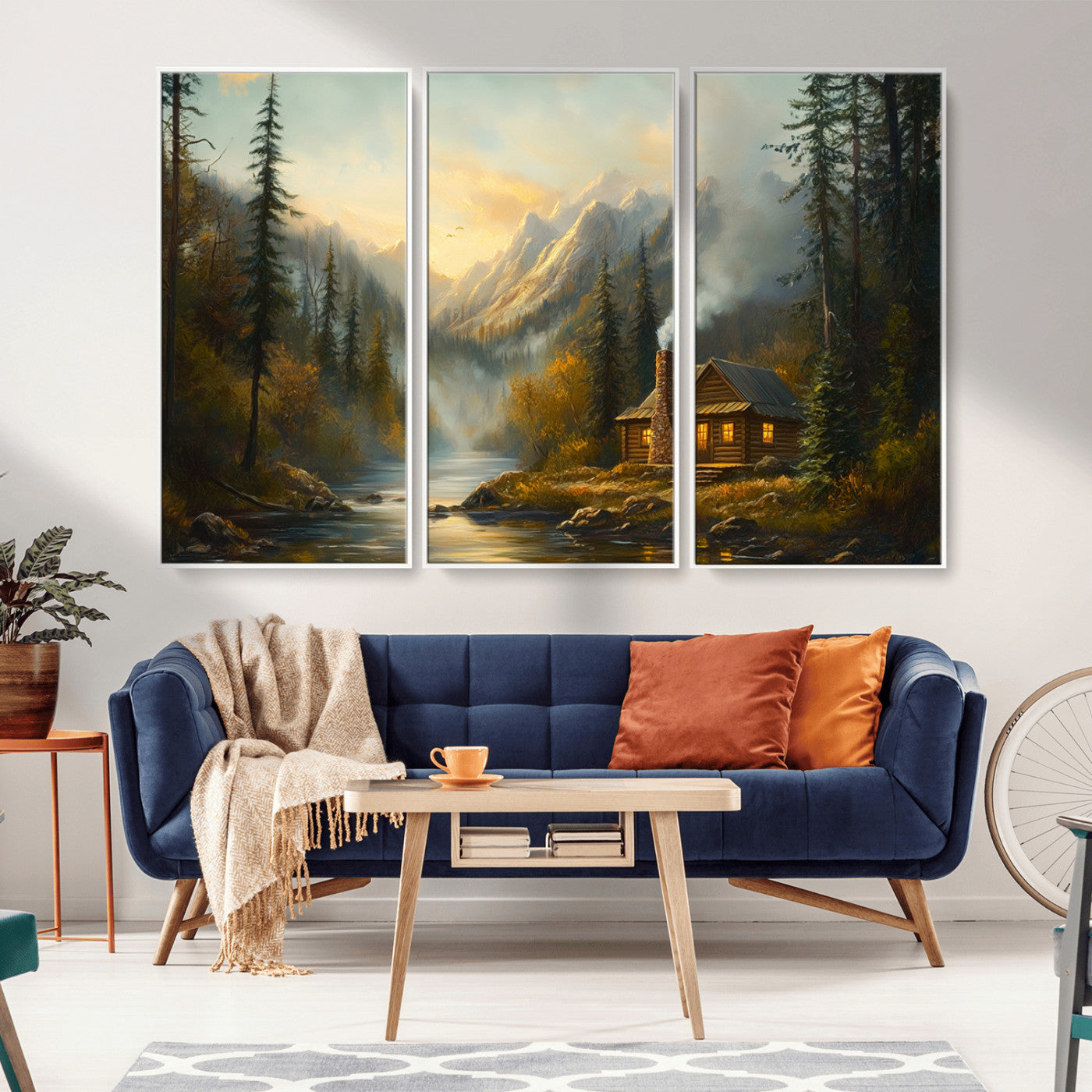 MGV-FC-48X32-3P - Wood Cabin Retreat Mountain at Sunset Wall Art Print - Serene Forest and River Landscape Wall Art