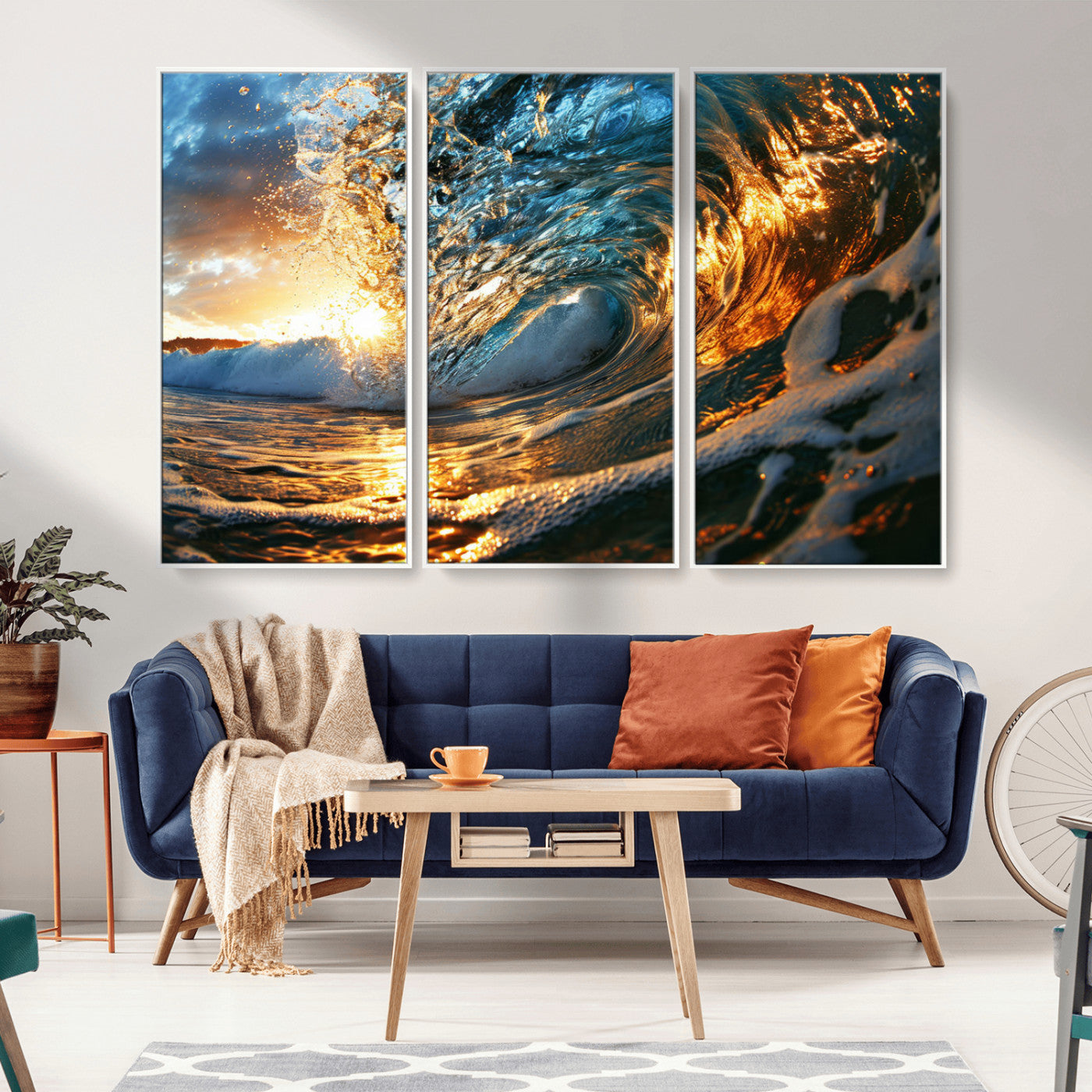 MGV-FC-48X32-3P - Ocean Wave at Sunset Canvas Wall Art – Vibrant Coastal Beach Waves Print, Large Nautical Decor,