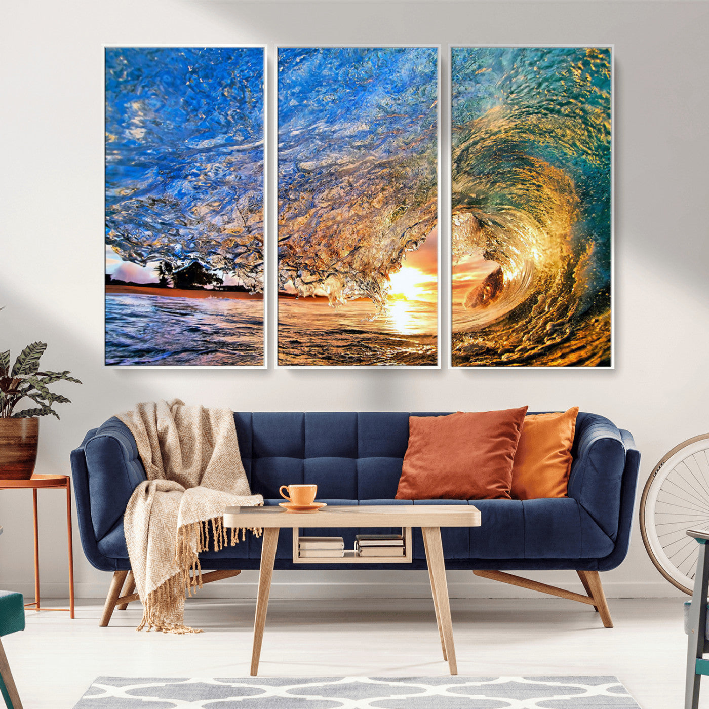 MGV-FC-48X32-3P - Ocean Wave at Sunset Canvas Wall Art – Vibrant Coastal Beach Waves Print, Large Nautical Decor,