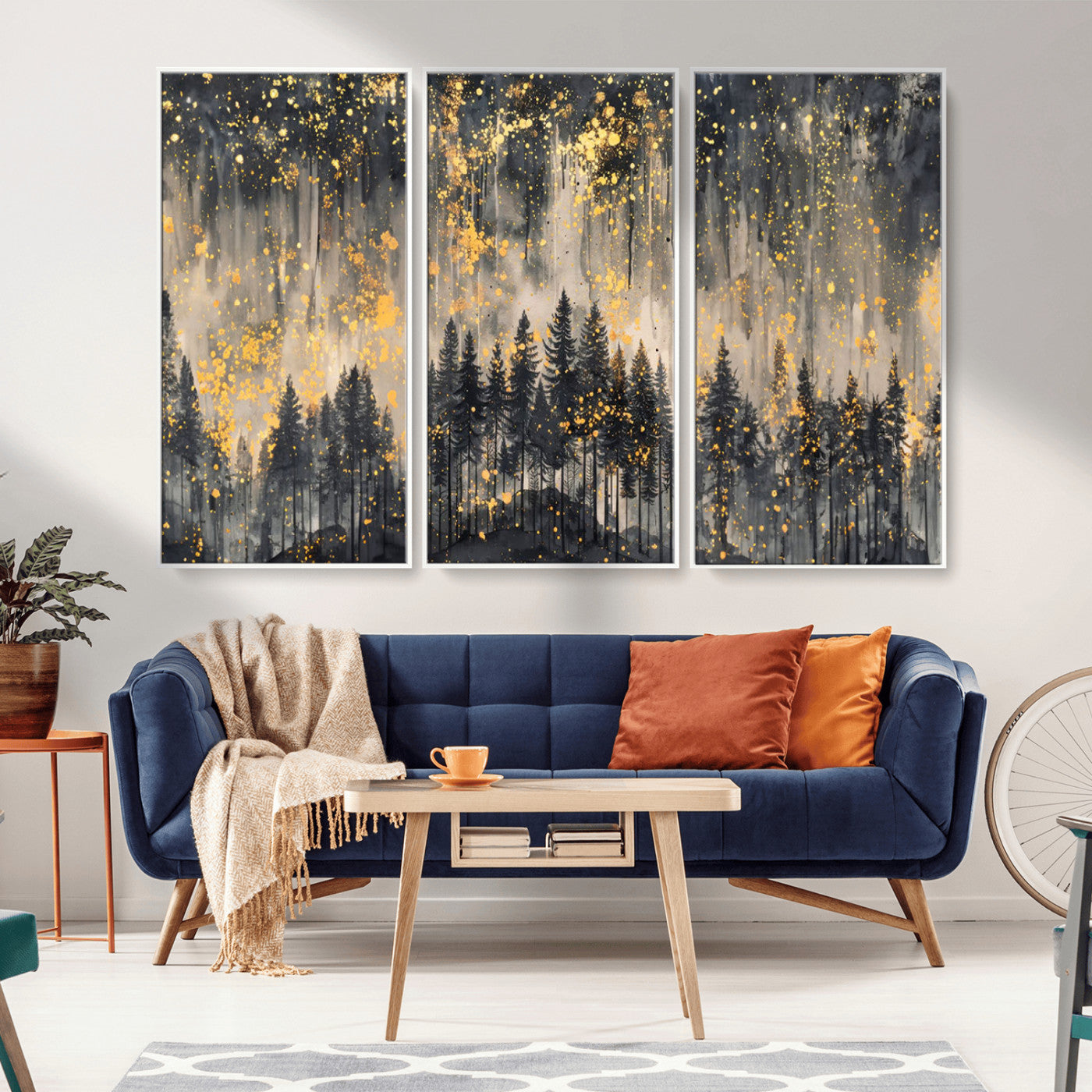 MGV-FC-48X32-3P - Golden Forest Abstract Wall Art | Dark Forest with Gold Splatter Accents | Triptych Ready to Hang