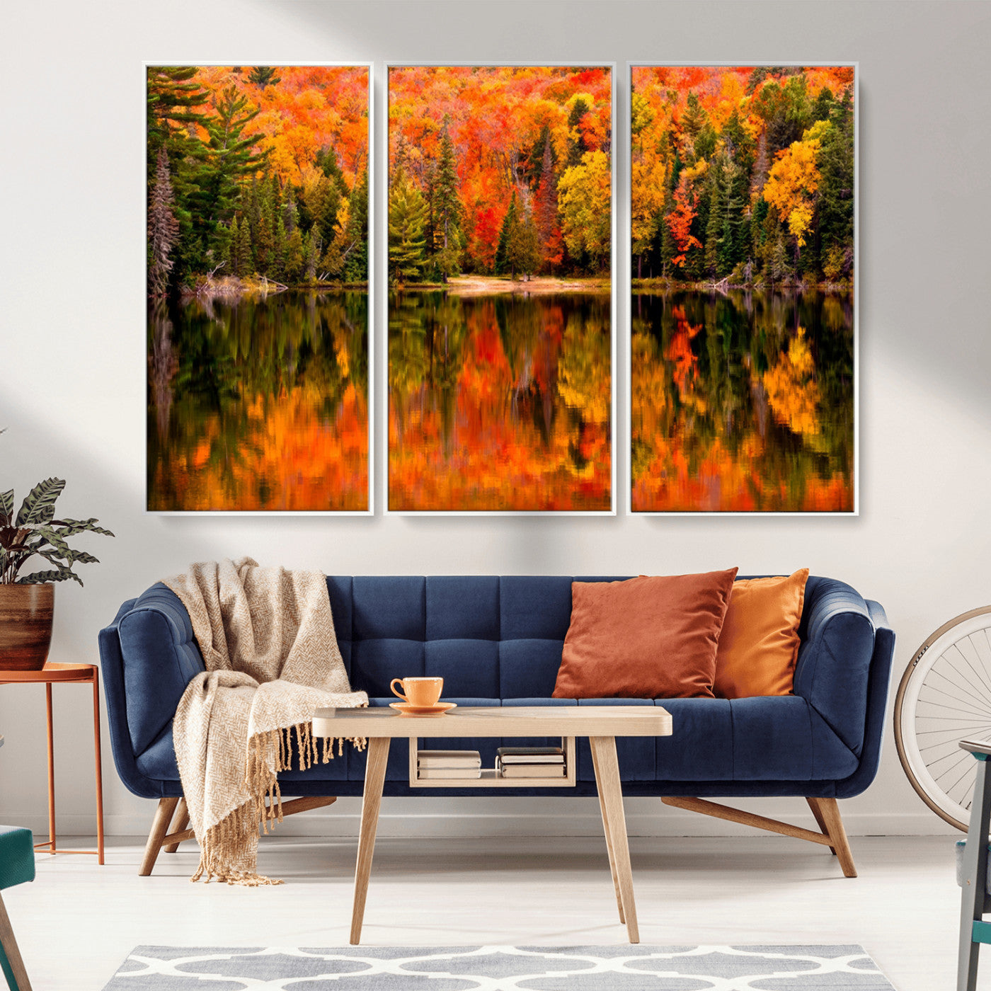 MGV-FC-48X32-3P - Forest Reflection Art | Autumn Forest Reflection Wall Art | Triptych Canvas Print | Vibrant Fall