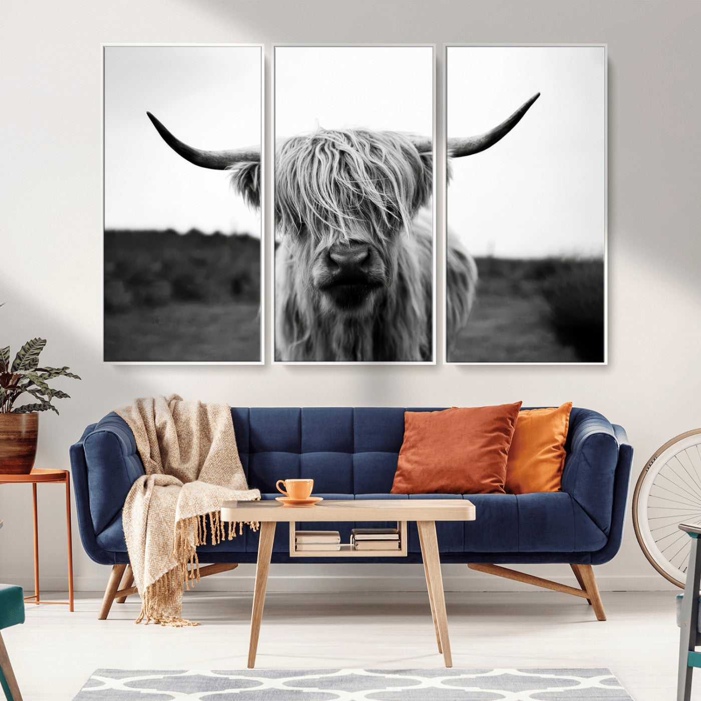 MGV-FC-48X32-3P - Highland Cow Wall Art | Black and White Farmhouse Decor | Triptych Canvas Print | Rustic Barn Decor
