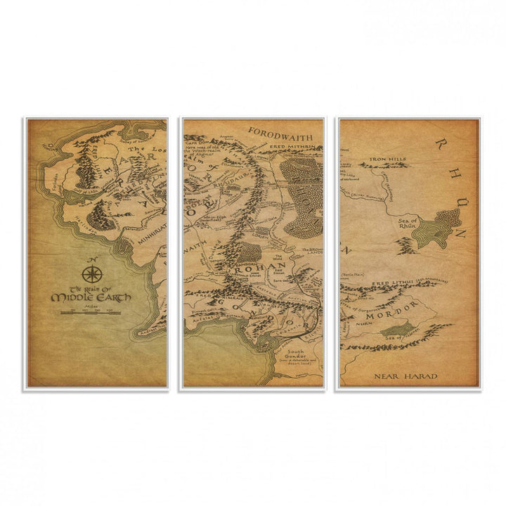 Vintage J.R.R. Tolkien Middle-Earth Map 3 Panel Canvas, perfect as wall art for home or office decor.