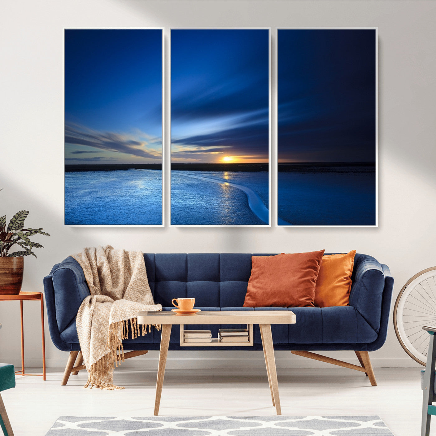 MGV-FC-48X32-3P - Blue Sunset Ocean Canvas Wall Art Print – Serene Coastal Horizon Wall Decor for Home or Office –