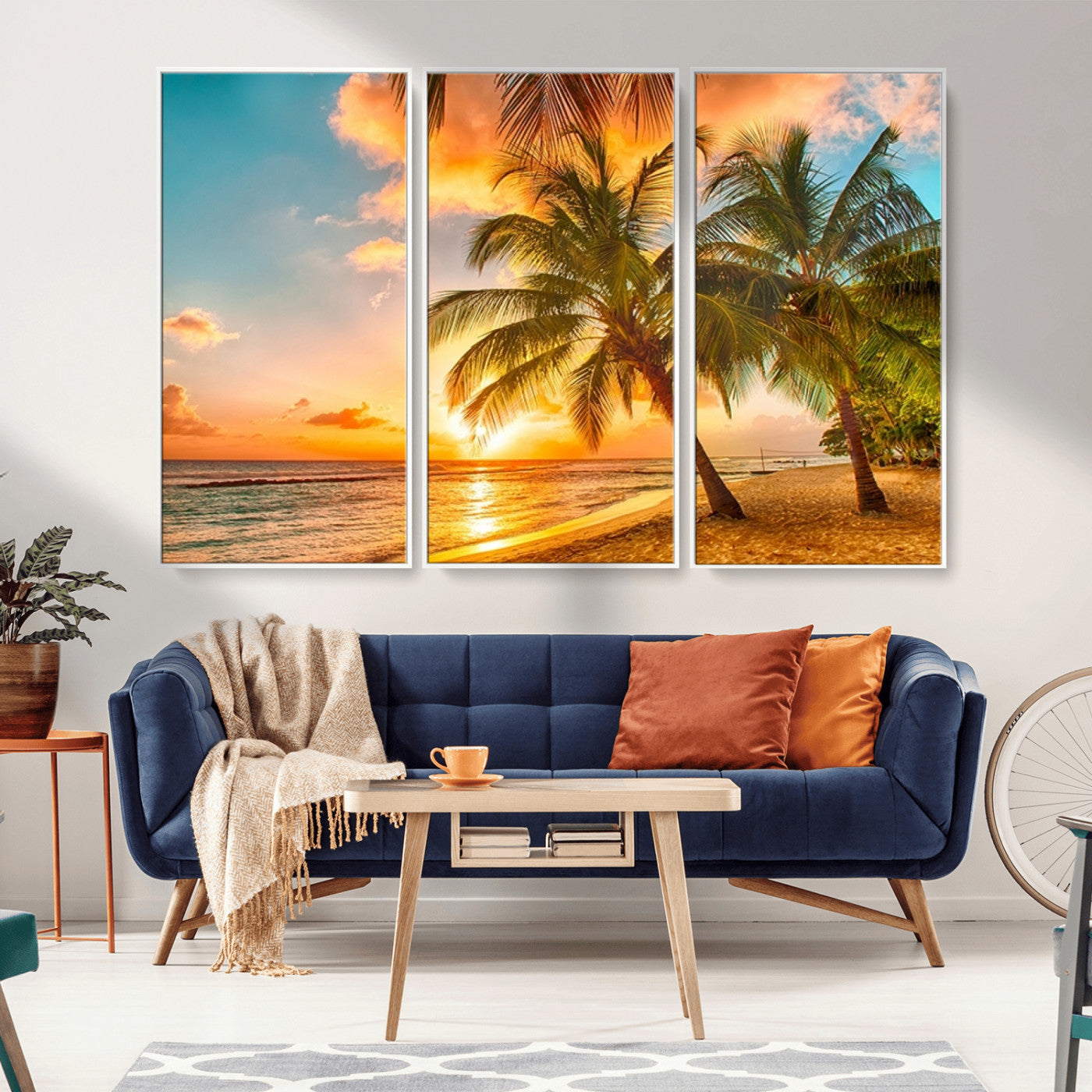 MGV-FC-48X32-3P - Tropical Sunset Beach Canvas Wall Art Print – Vibrant Palm Trees and Coastal Sunset Wall Decor for