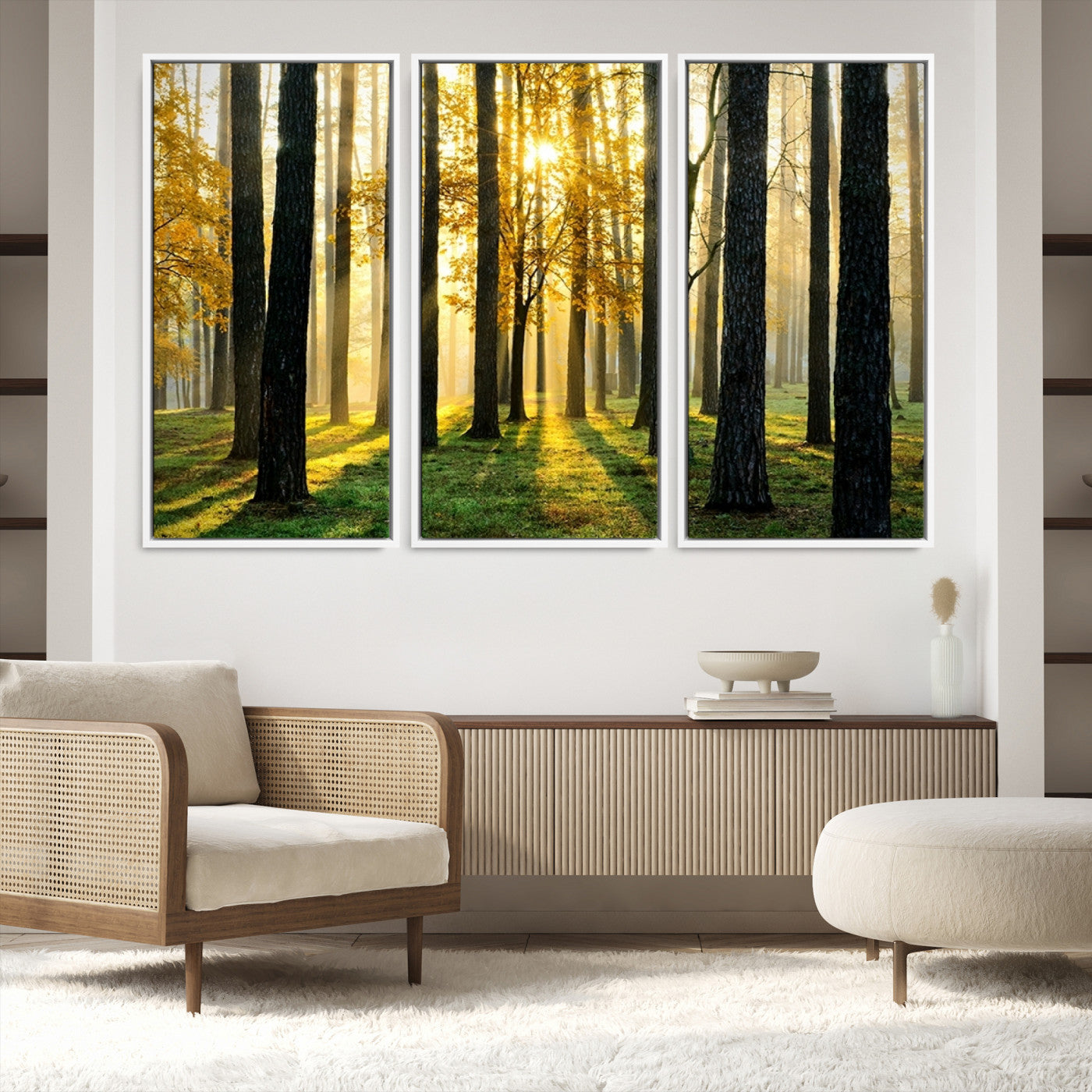 60024-MGV-FC-48X32-3P_White-Sunlit Forest Wall Art Canvas Print - Large Framed Woodland Wall Art for Home or Office Decor, Rustic Nature Scene with Golden Light