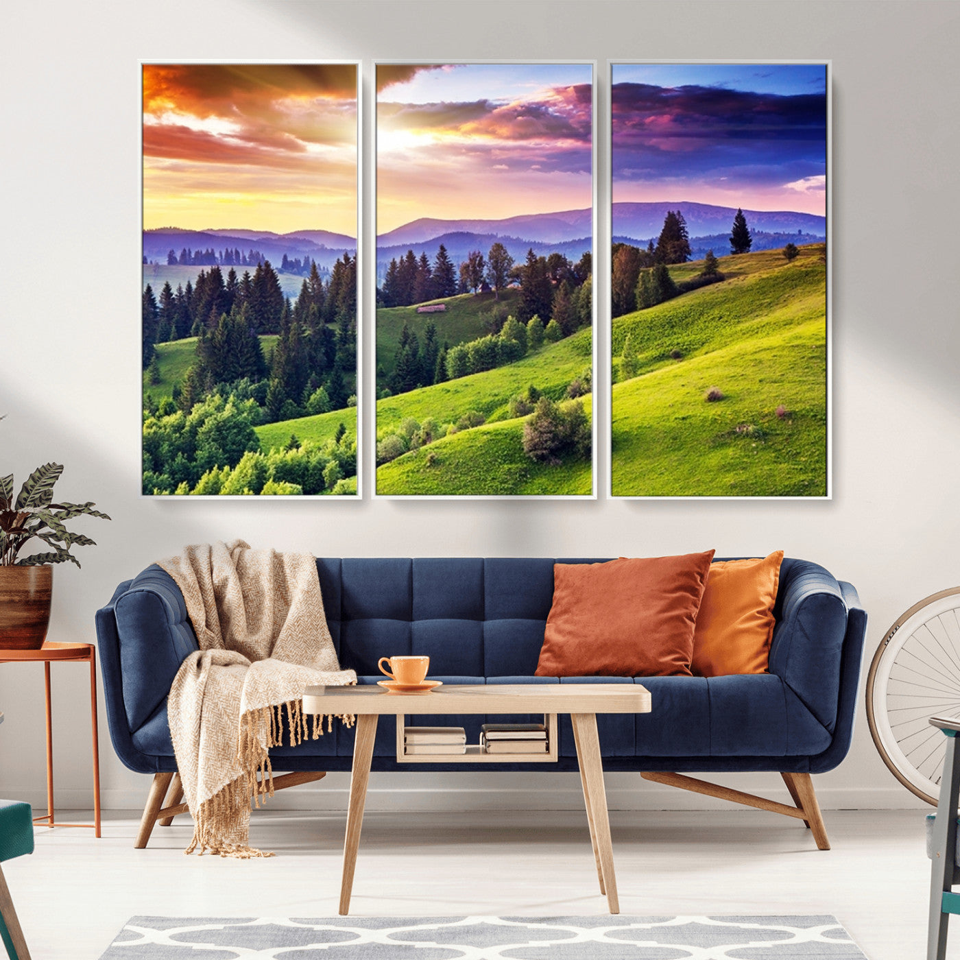 MGV-FC-48X32-3P - Green Hills and Sunset Wall Art Print - Scenic Landscape with Lush Greenery and Vibrant Sky, Ready