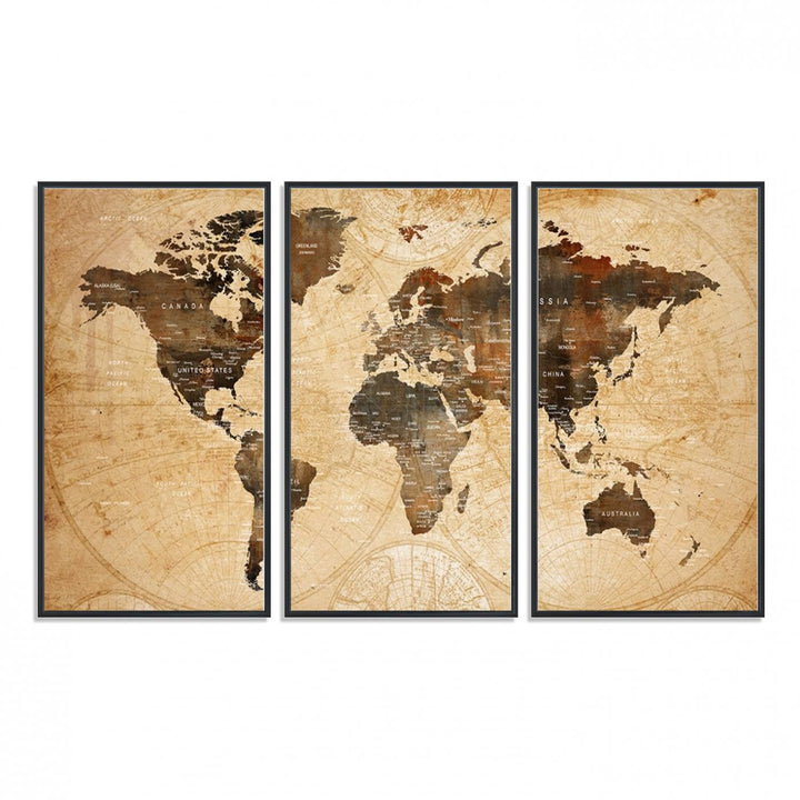 Vintage World Map: 3-Panel Canvas Print in antique rustic style. Framed and gallery wrapped. Ideal for decor.