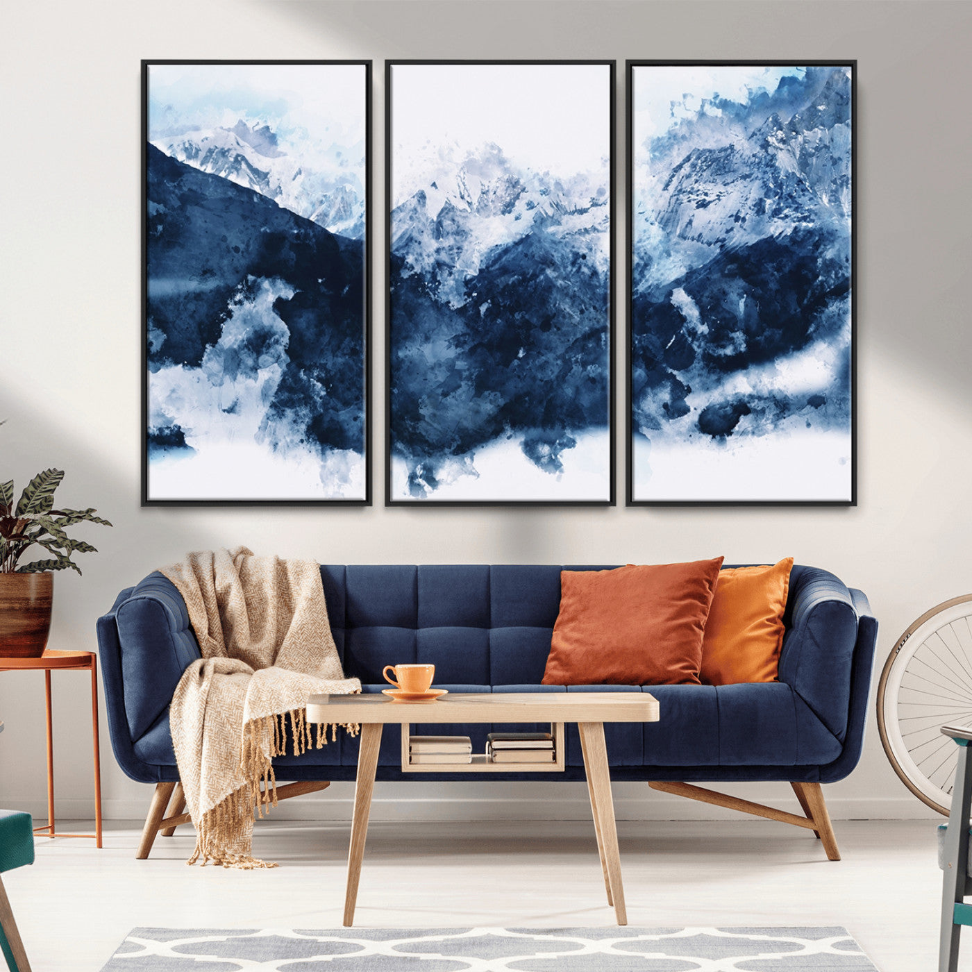 81700-MGV-CV-36X24-Abstract Blue Mountain Canvas Wall Art – Modern Triptych Landscape Print – Contemporary Nature Decor for Living Room or Office – Ready to