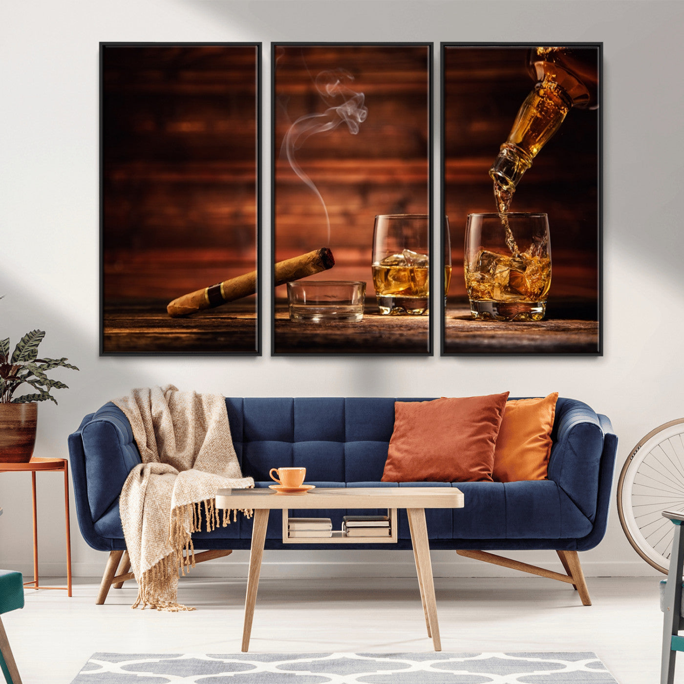 MGV-FC-48X32-3P - Whiskey and Cigar Wall Art Canvas | 3 Panel Bar Room Decor for Home Lounge, Office, or Man Cave |