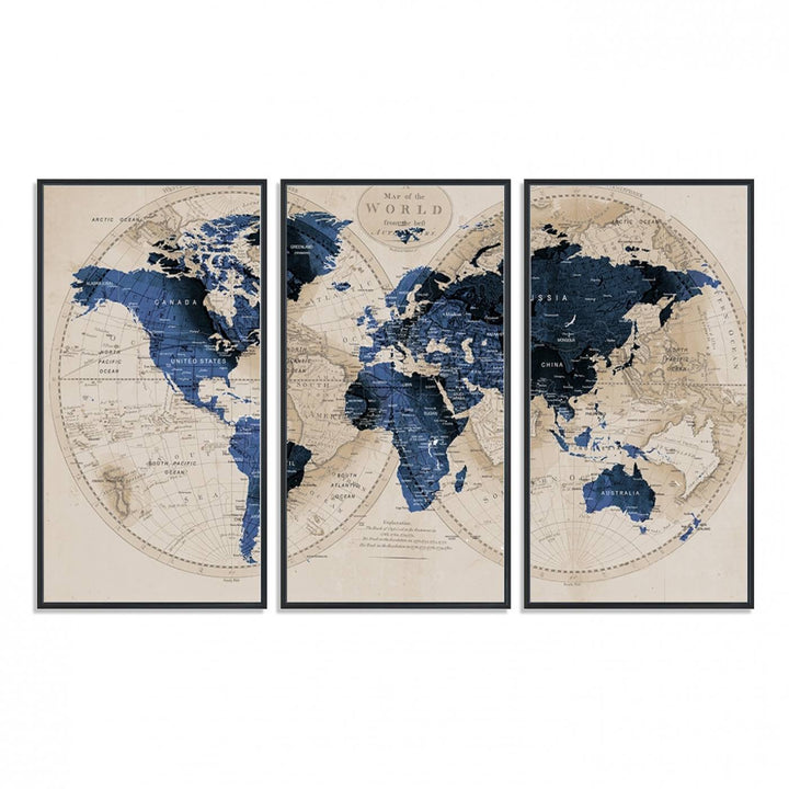 The Vintage Triptych Map Print is a grunge-stained blue and beige world map, perfect for enhancing wall decor.