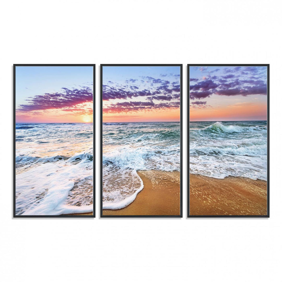 The Coastal Sunset Art Canvas Print features ocean waves beneath a vibrant sky in a stunning 3-panel seascape.