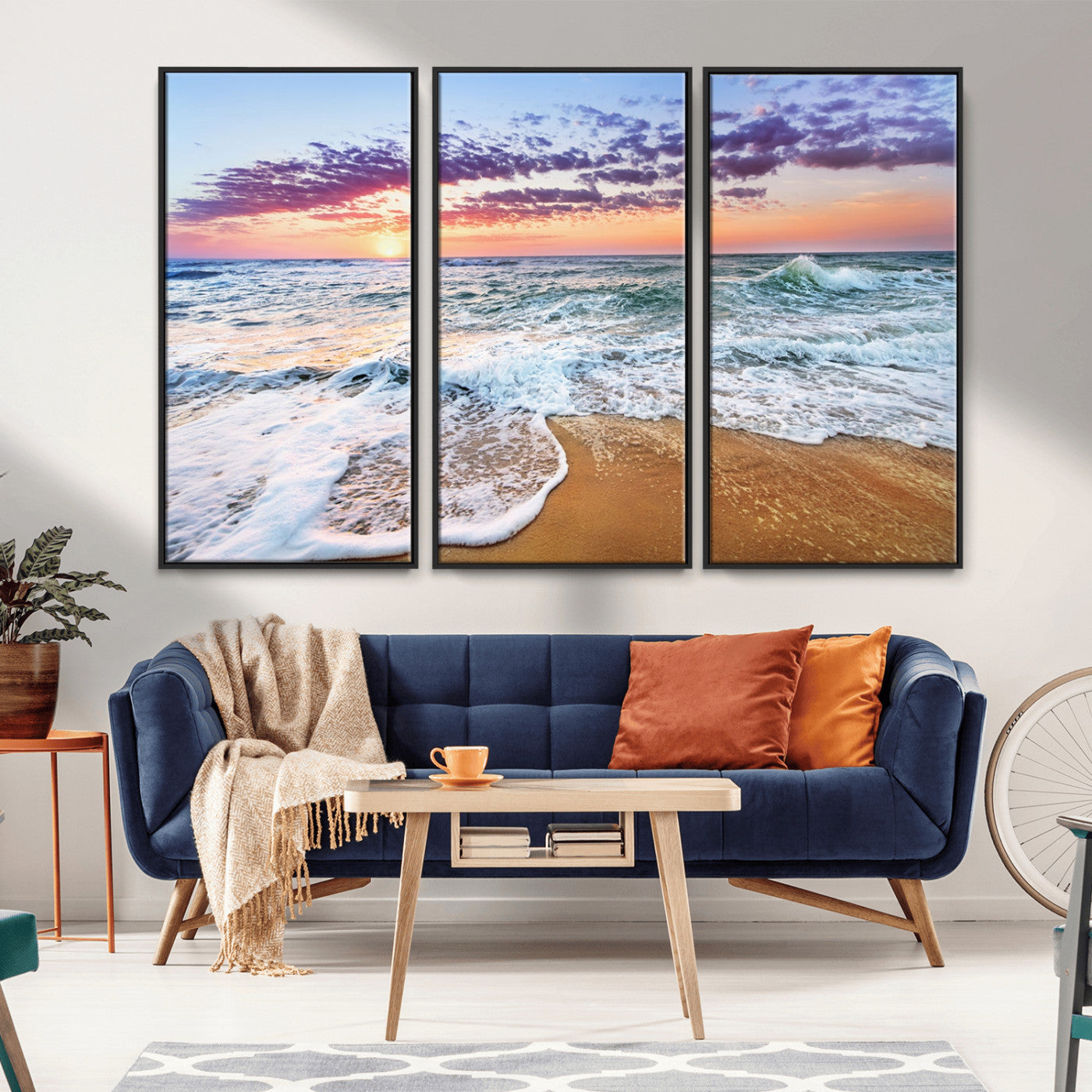 MGV-FC-48X32-3P - Coastal Sunset Art Beach Canvas Wall Art Print | Ocean Waves Wall Art | Large 3-Panel Seascape for