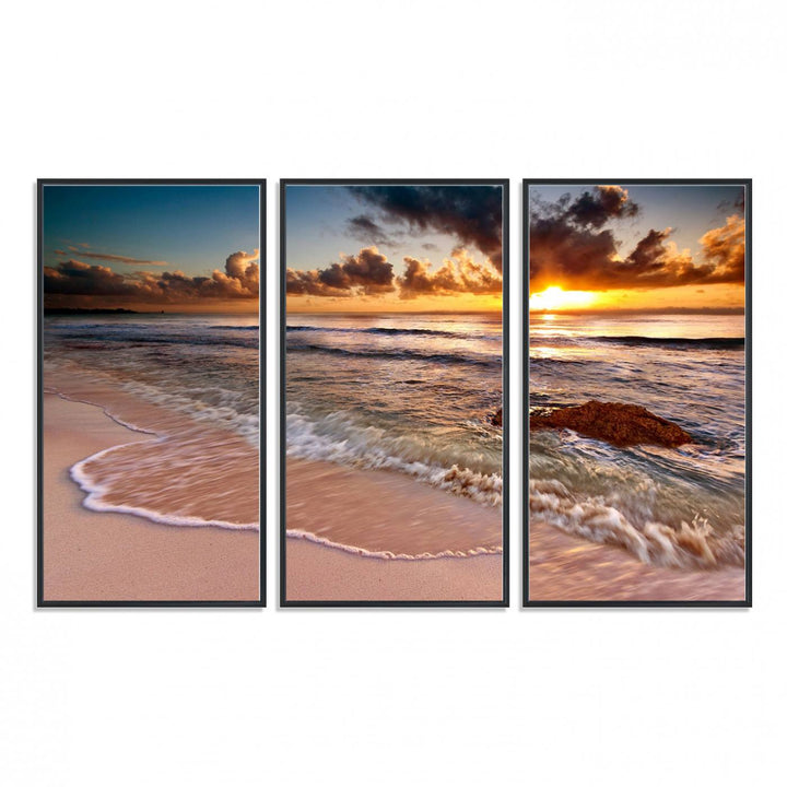 The Sunset on Ocean Wall Art Canvas Print beautifully captures a beach sunset, gentle waves, and a peaceful atmosphere.