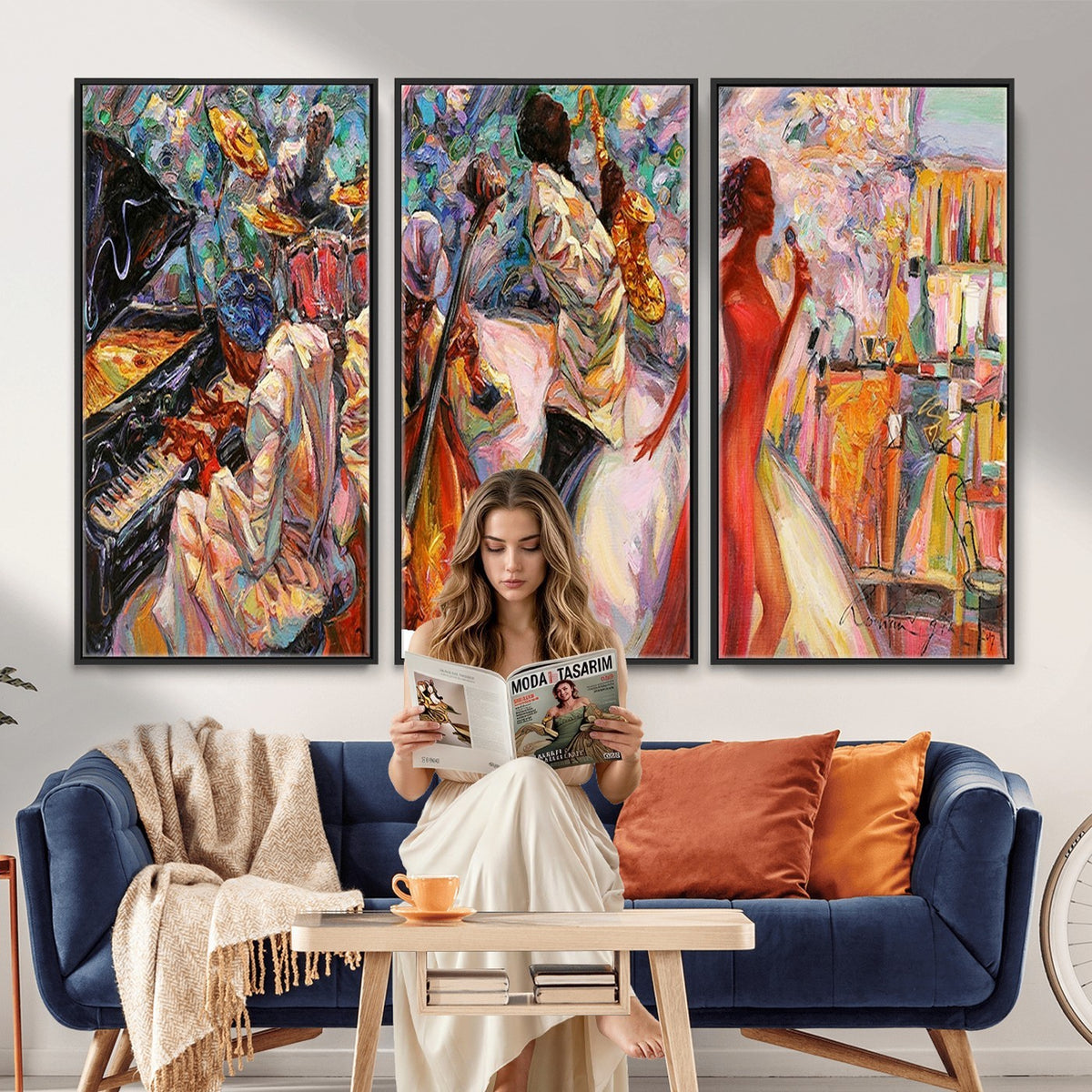 40574-_Poster-30x20 - Afro American Jazz Band Canvas Wall Art | 3 Panel Music Studio Decor